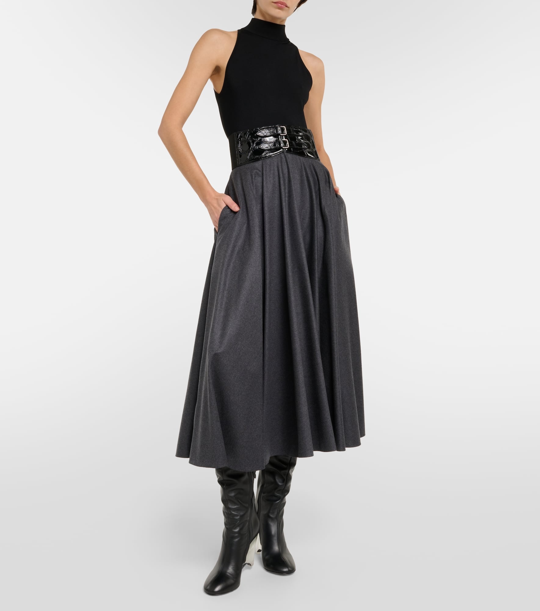 Belted high-rise virgin wool midi skirt - 2