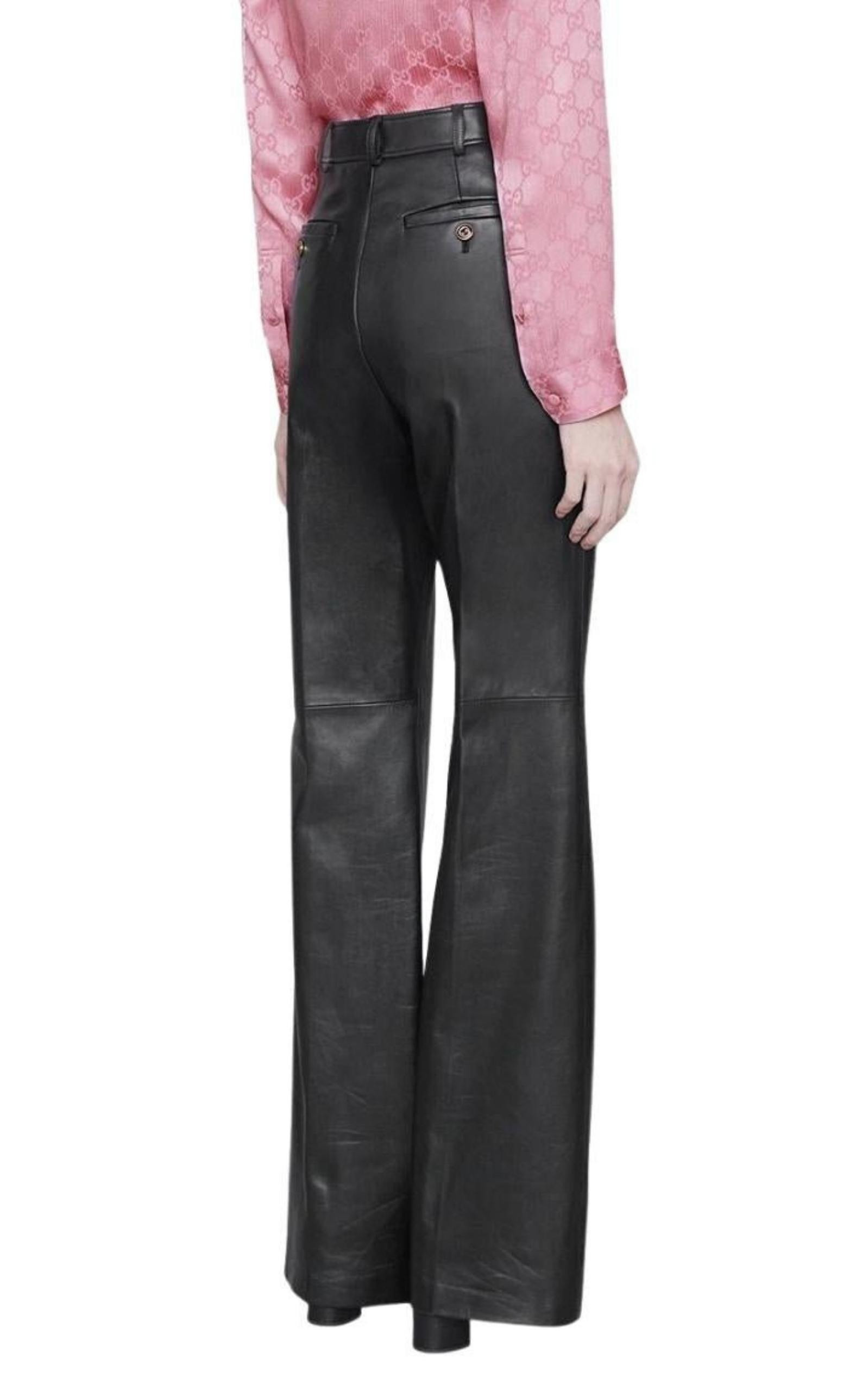 Black Plonge Leather Flare Trousers - 4