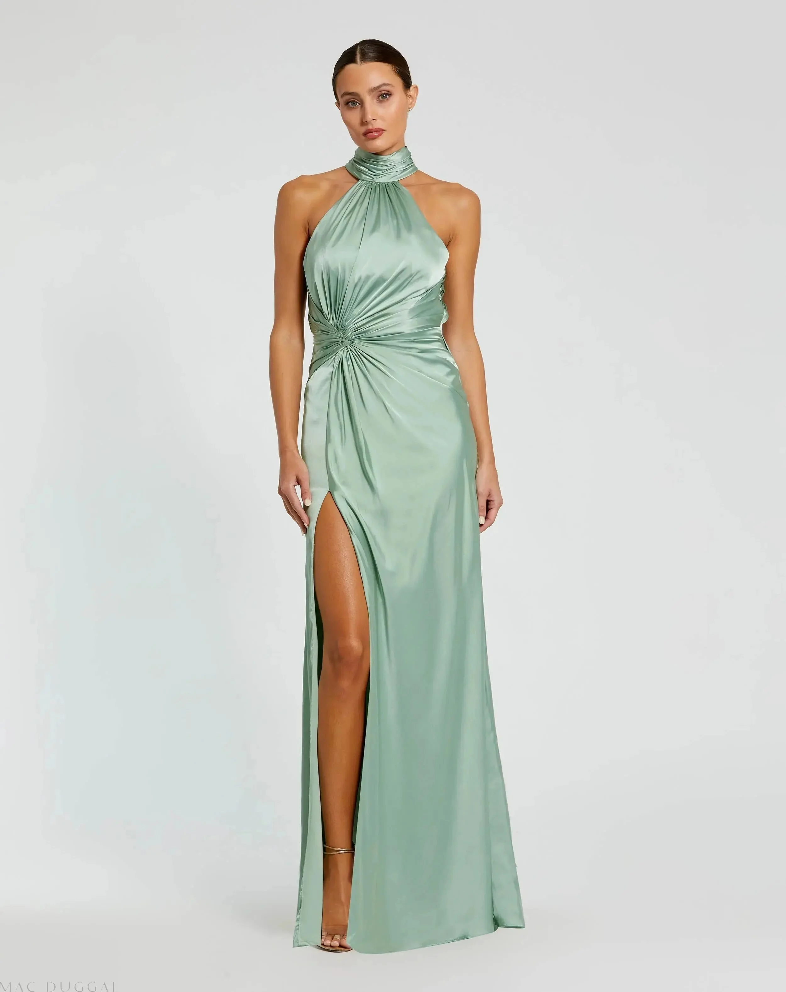 Sage Sleeveless Open Back Satin Gown - 1