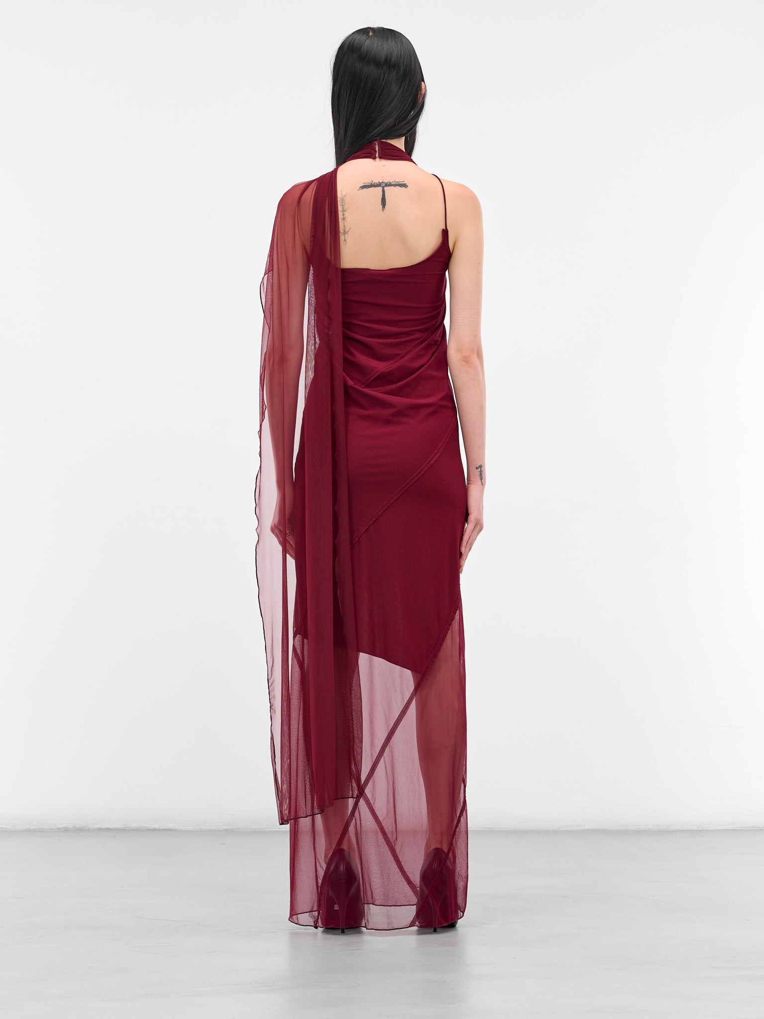 Red Mesh Shawl Maxi Dress - 3