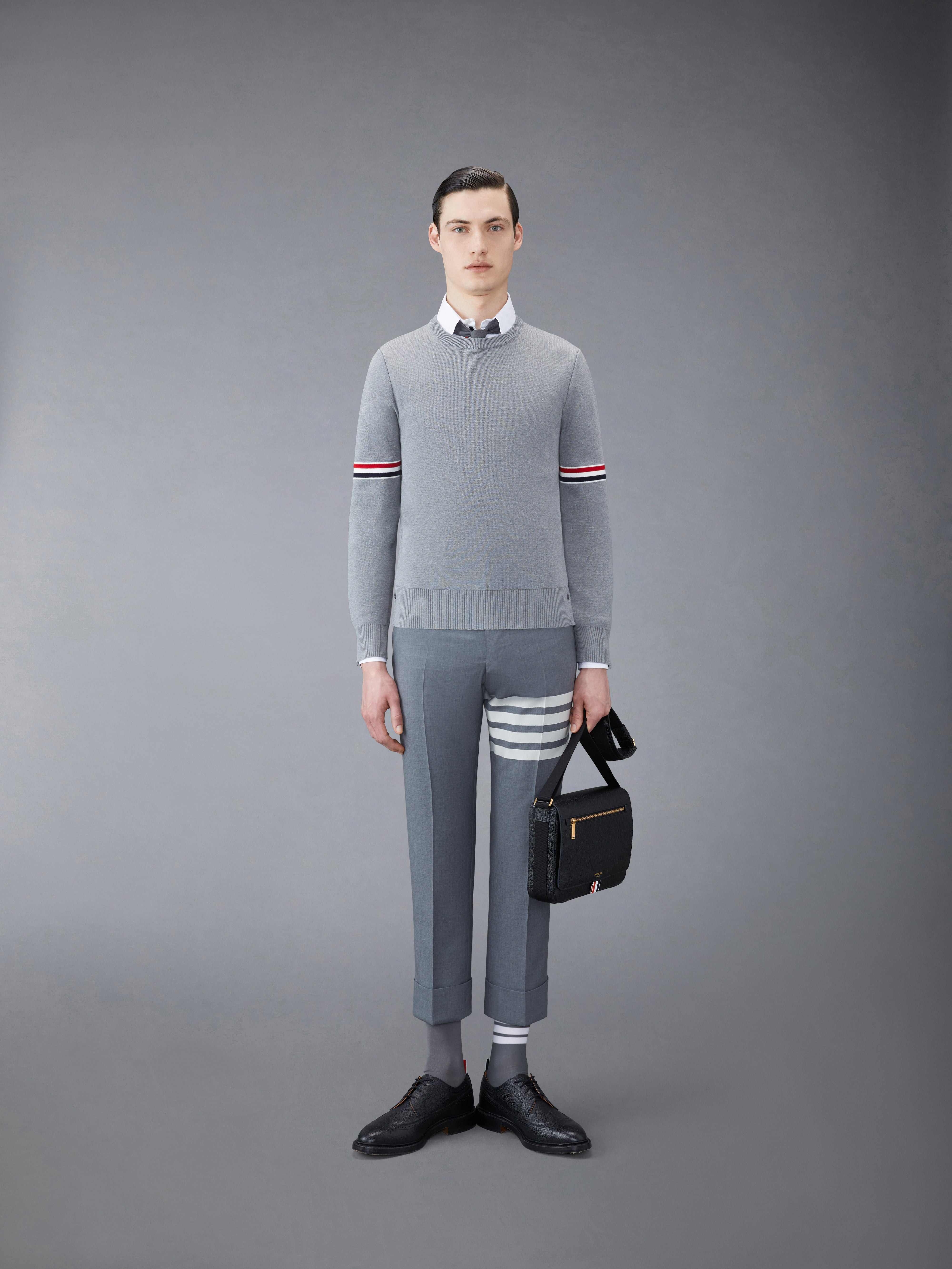 Light Grey Cotton Milano Stitch Stripe Armband Crewneck Pullover - 3