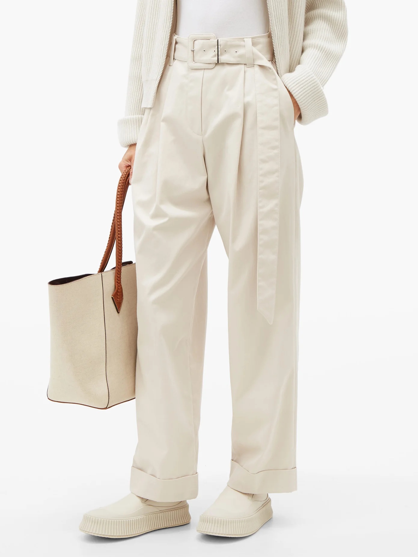 Belted cotton-blend wide-leg trousers - 6