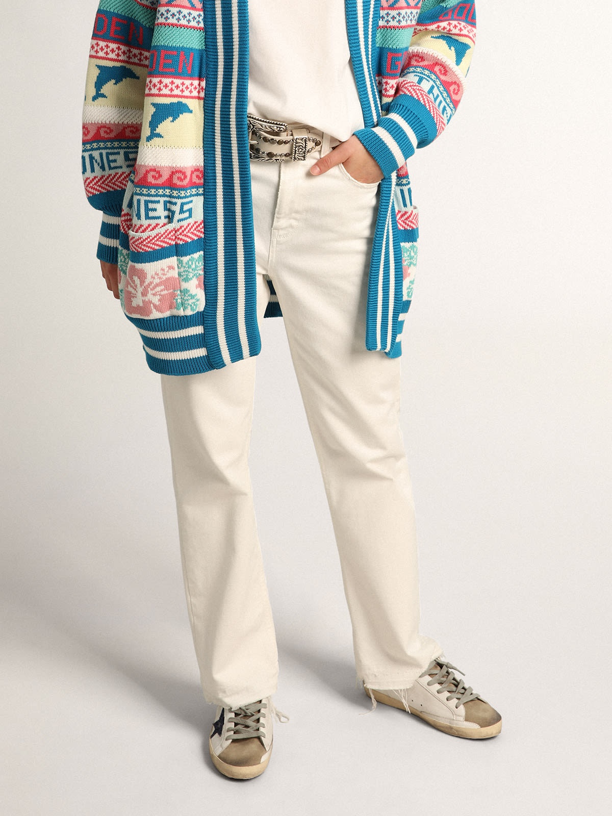 Cropped Journey Collection pants in white bull denim with worn-out effect hem - 2