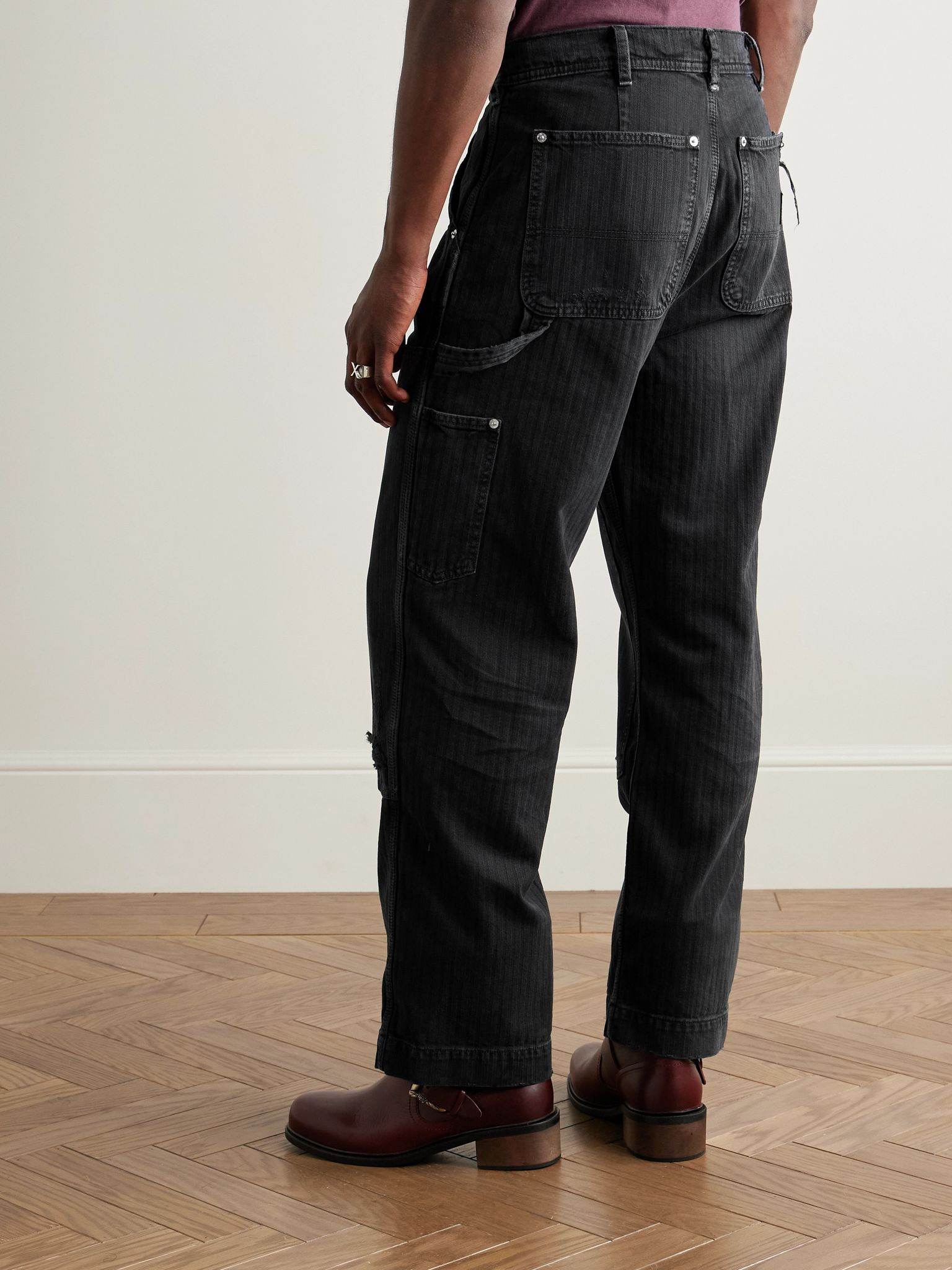 Straight-Leg Distressed Panelled Herringbone Denim Trousers Black - 4