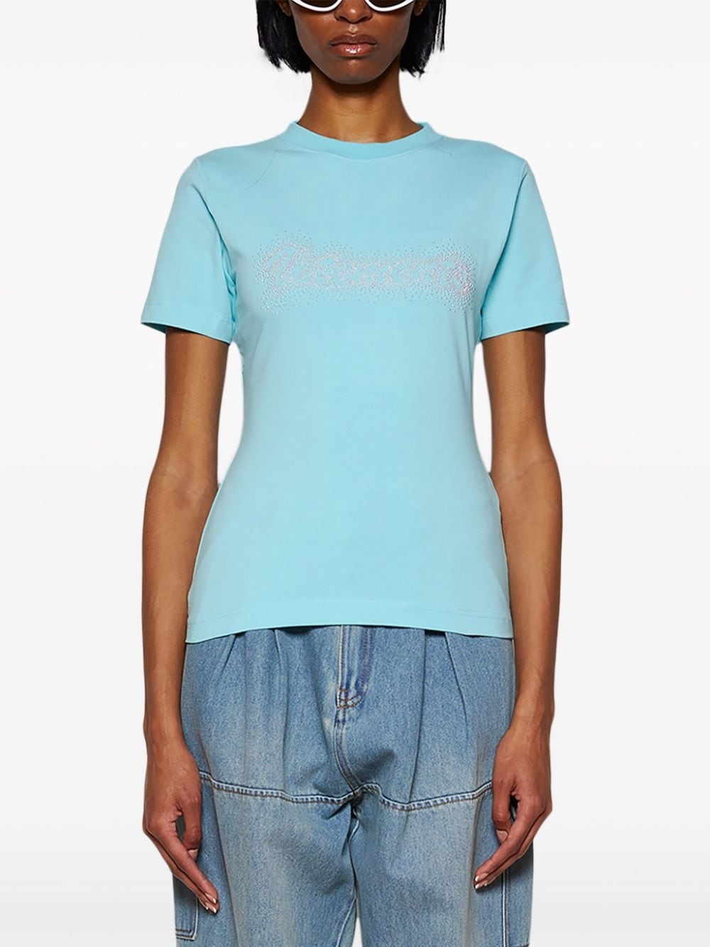 rhinestone-logo crew neck T-shirt - 3