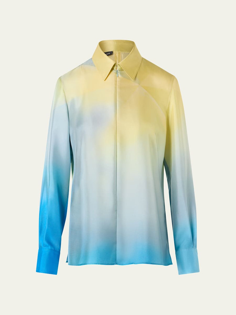 Sunbeam-Print Silk Twill Zip Collared Blouse 1