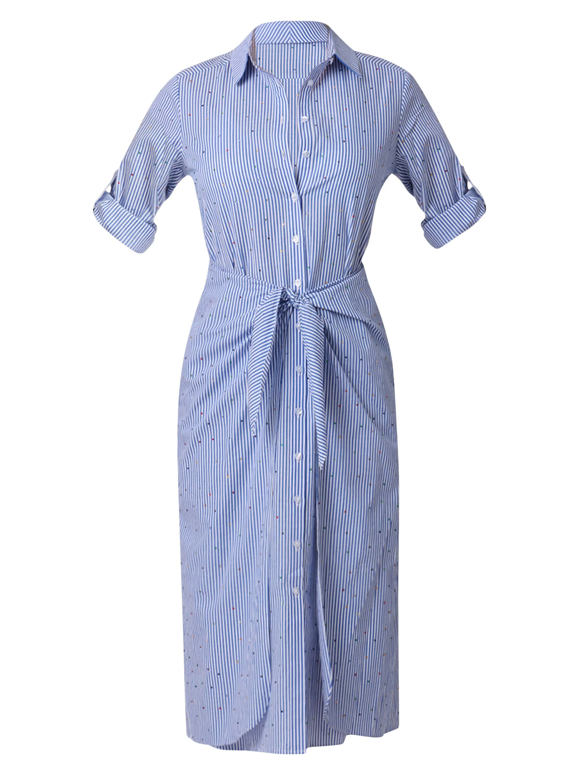 Women's Striped Cotton Tie-Waist Shirtdress - Blue - 1