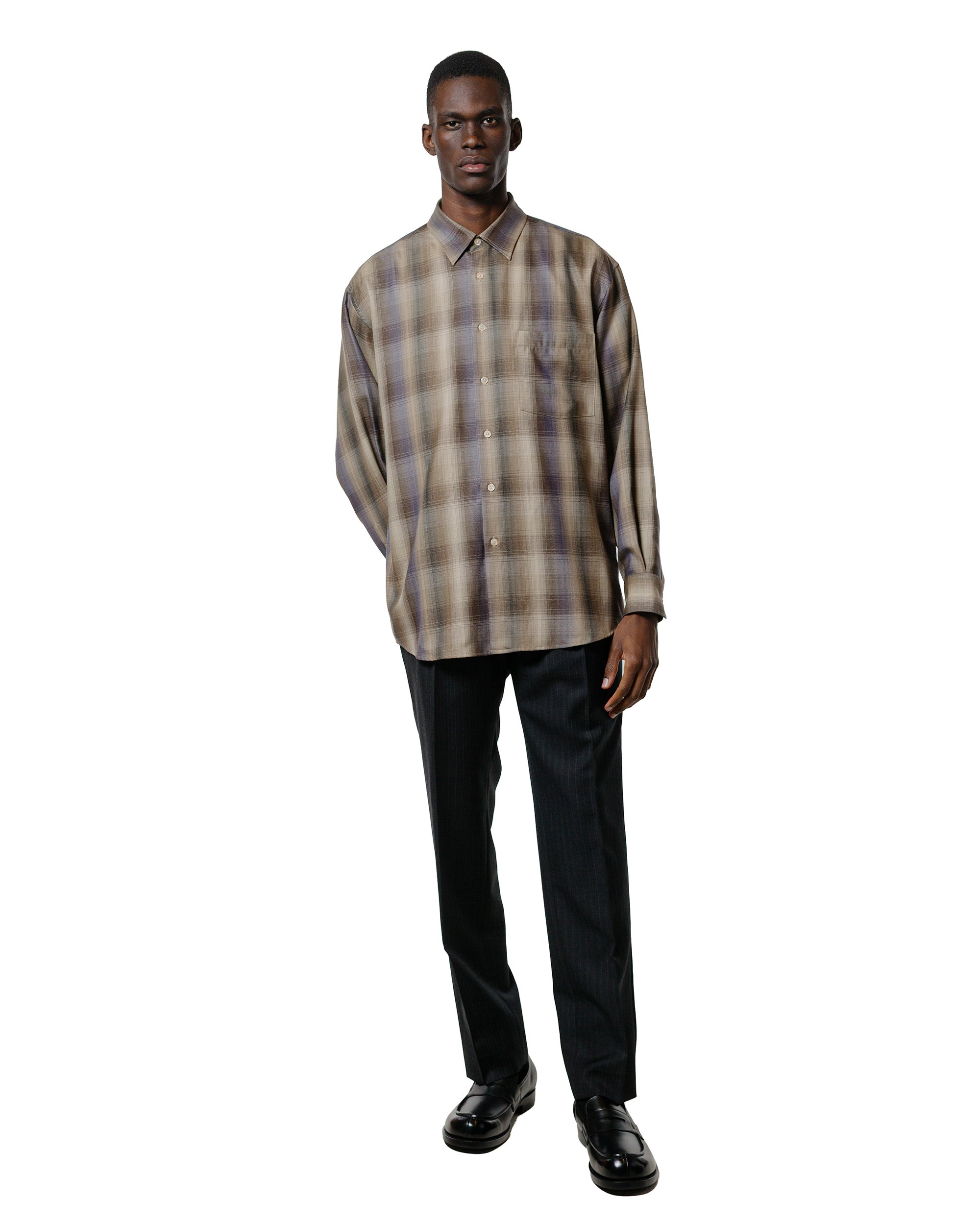 Super Light Wool Check Shirt Brown Blue Check - 4