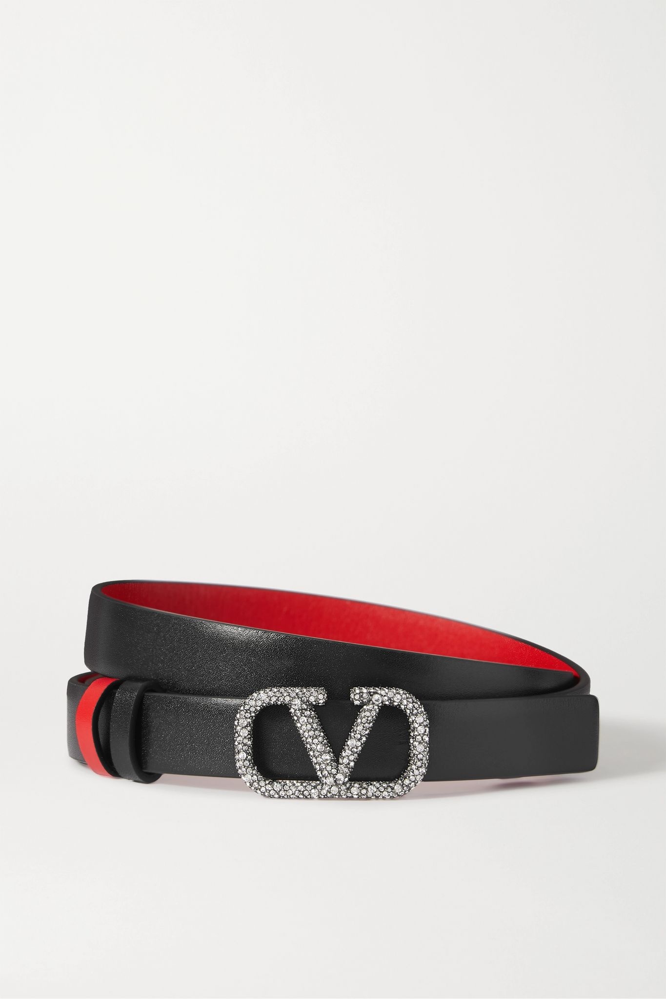 Valentino Garavani VLOGO crystal-embellished reversible textured-leather belt - 1