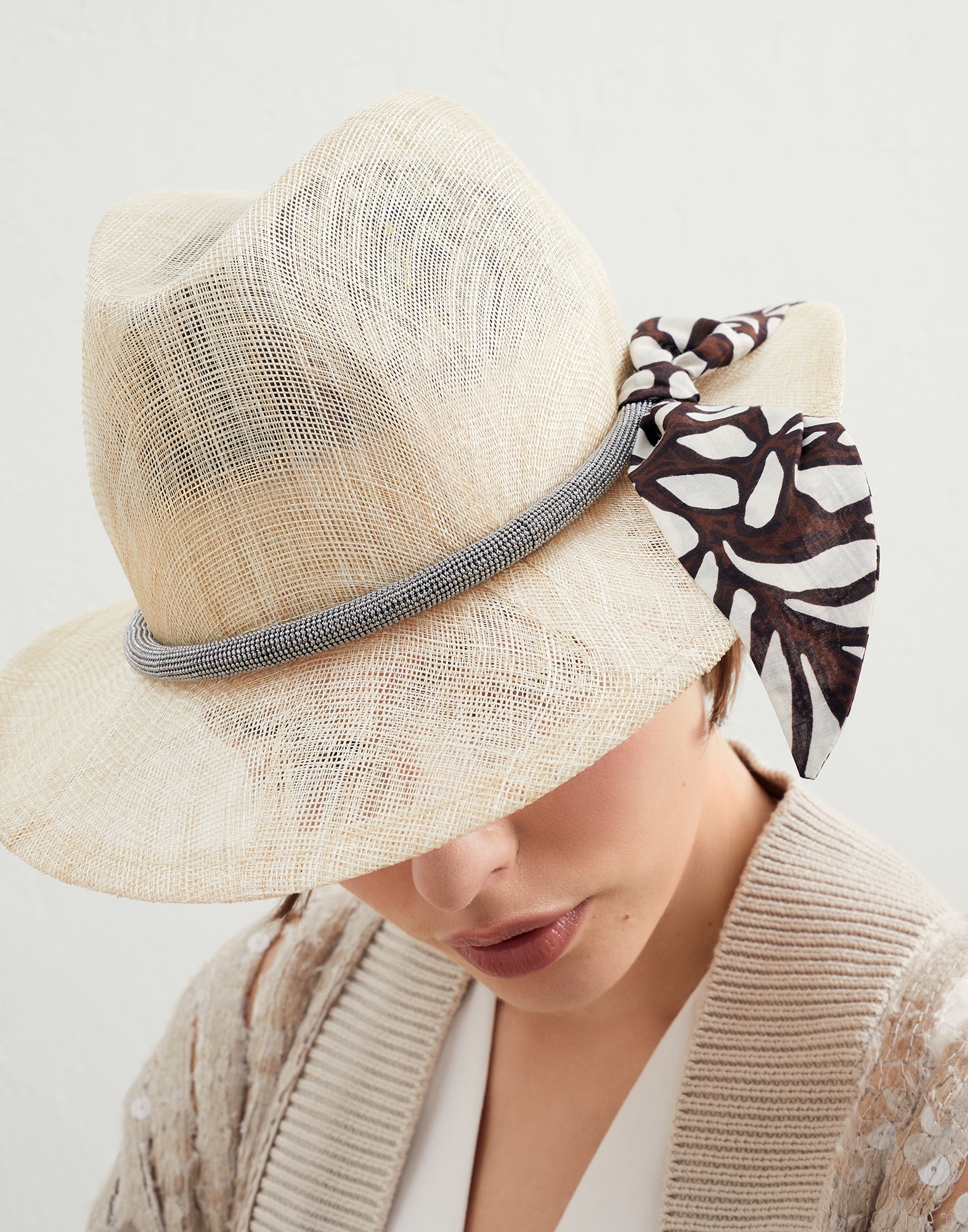 Abacá hat with band in ramage print poplin and monili - 3