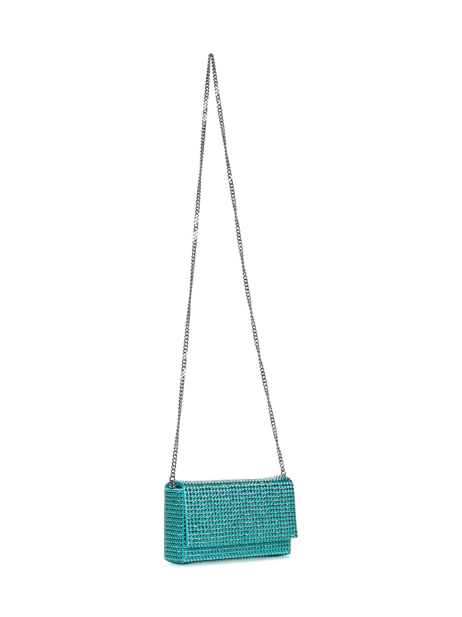 Caribbean-colored silk blend satin and crystals clutch with silver chain shoulder strap. - 3