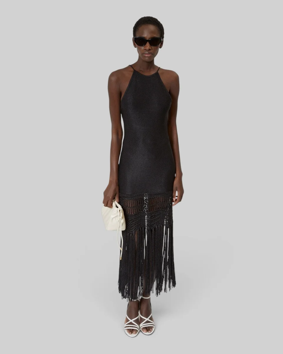 BLACK MESH HALTER DRESS WITH BANGS - 1