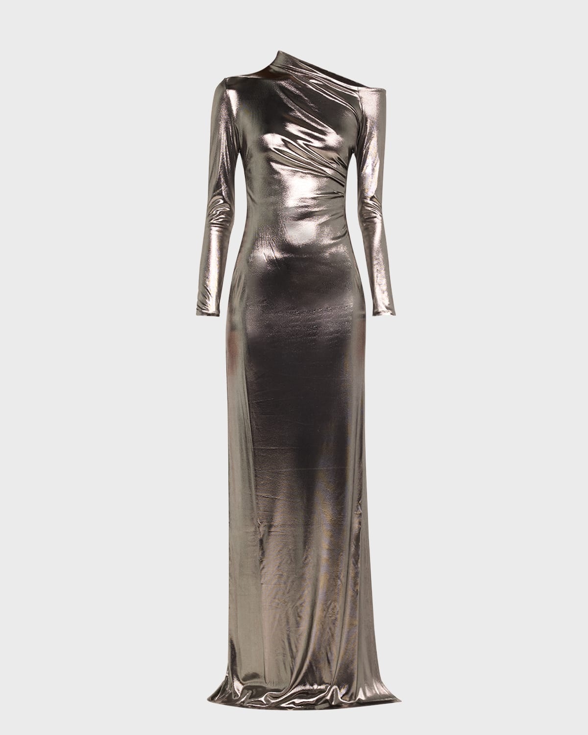 Metallic Long-Sleeve Ruched Gown - 1