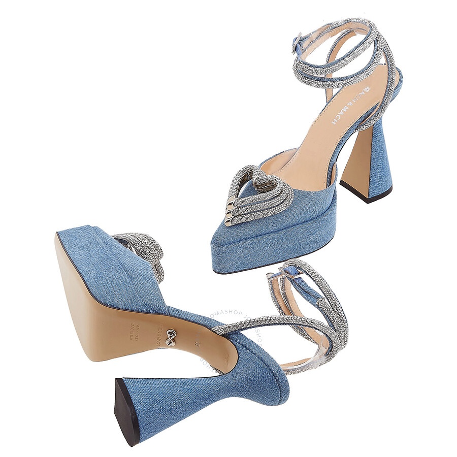 Open Box - Mach & Mach Denim Blue Crystal Triple Heart Platform Pumps, Brand Size 37 ( US Size 7 ) - 2
