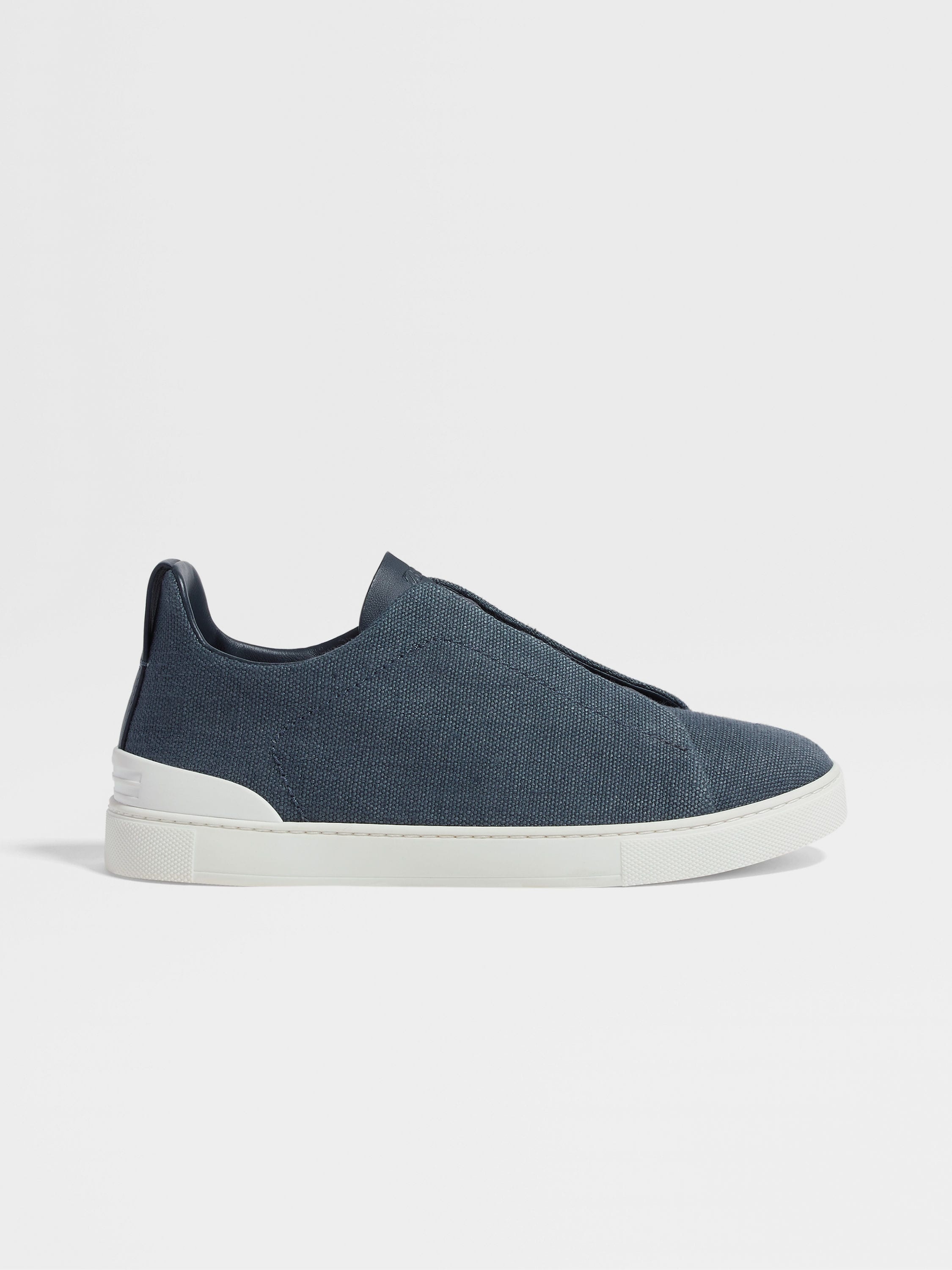 DARK TEAL BLUE COTTON LINEN AND LEATHER TRIPLE STITCH™ SNEAKERS - 4
