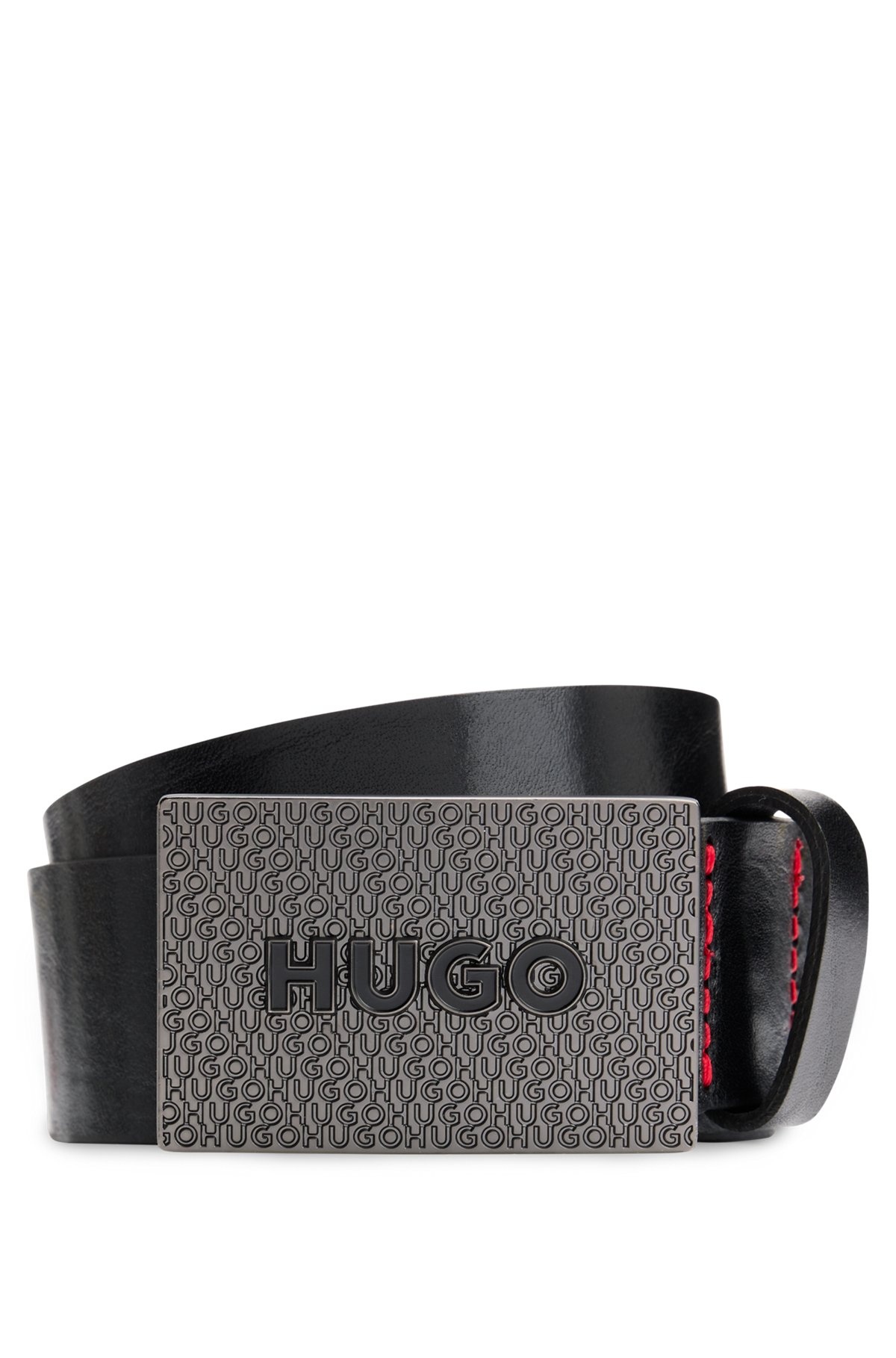 MATTE LEATHER BELT WITH BRANDED PLAQUE BUCKLE - 1