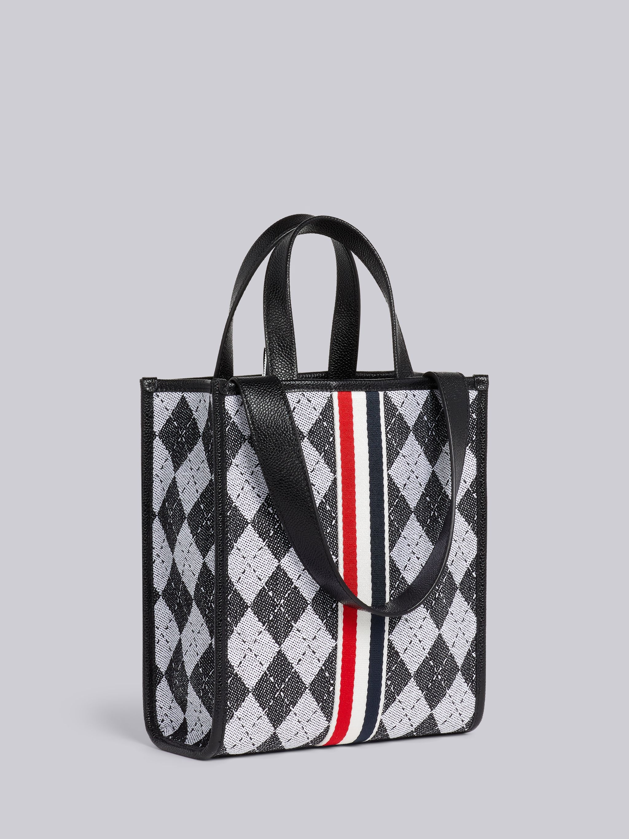Black and White Argyle Wool Cotton Jacquard Webbing Stripe Shoulder Strap Small Tote - 3