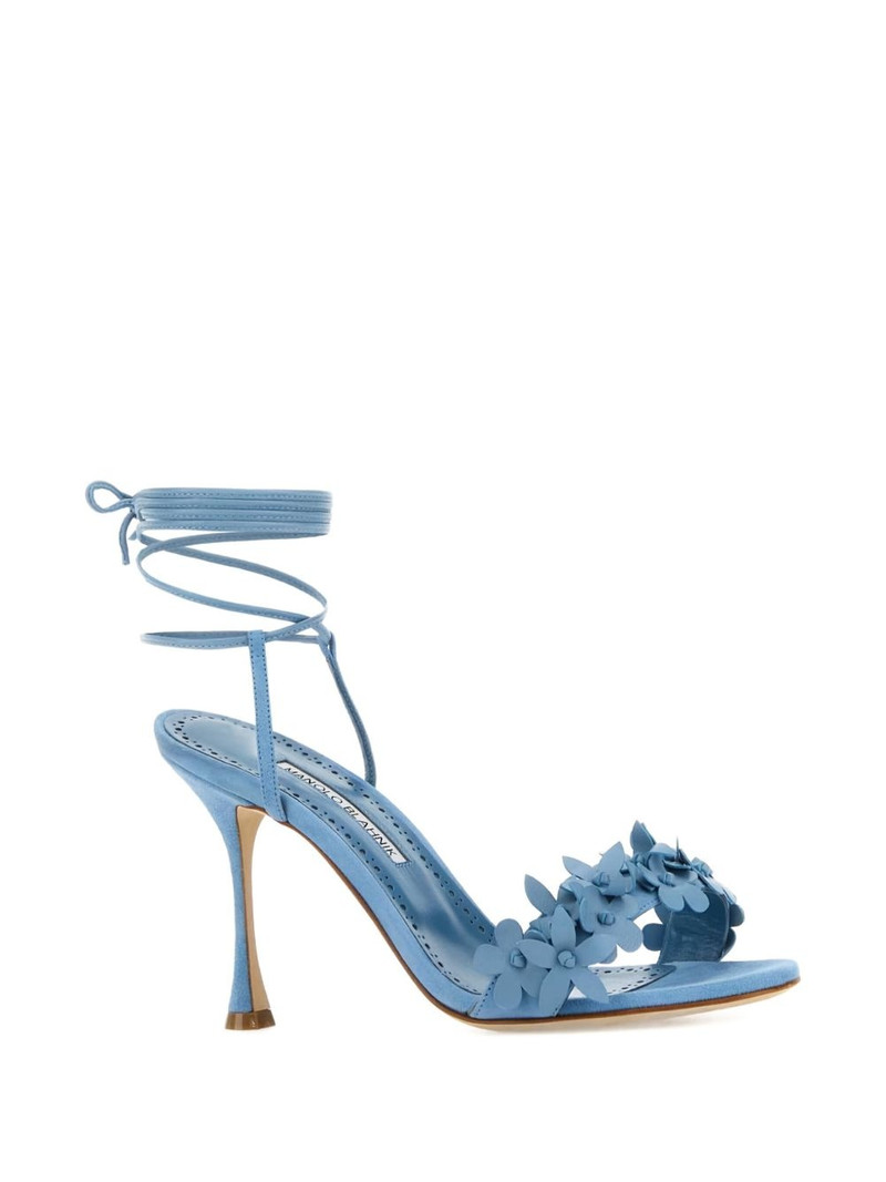 Manolo Blahnik 90mm flower-embellished lace-up heeled sandals outlook