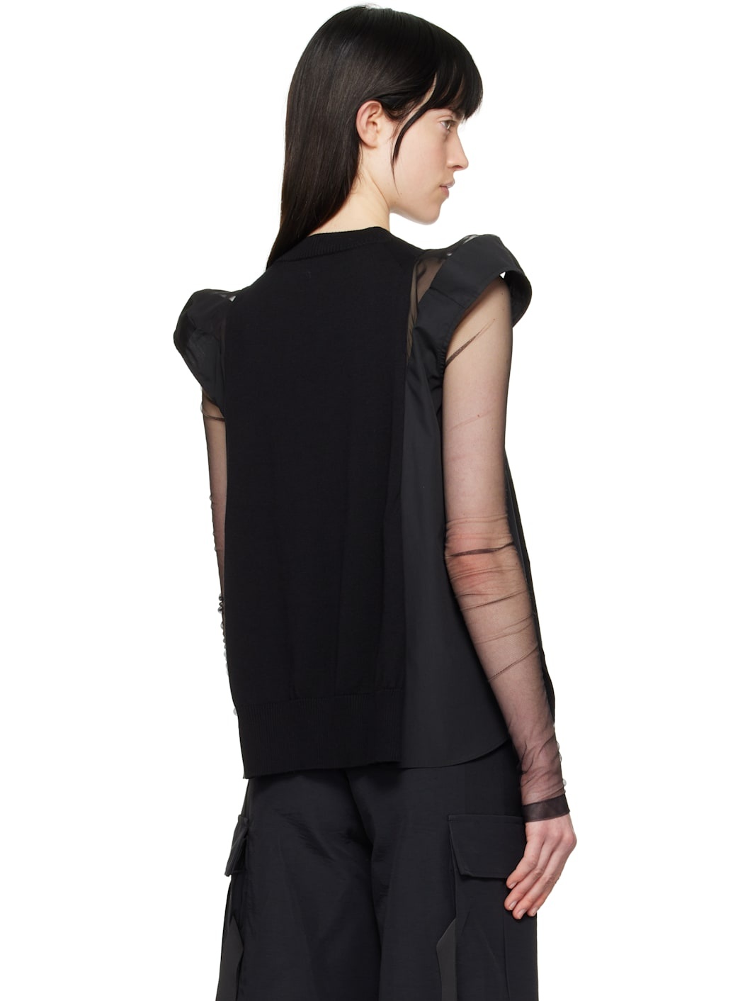 Black Poplin & Knit Sweater - 3