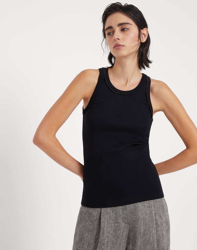 Stretch cotton ribbed jersey top with satin trims - 1