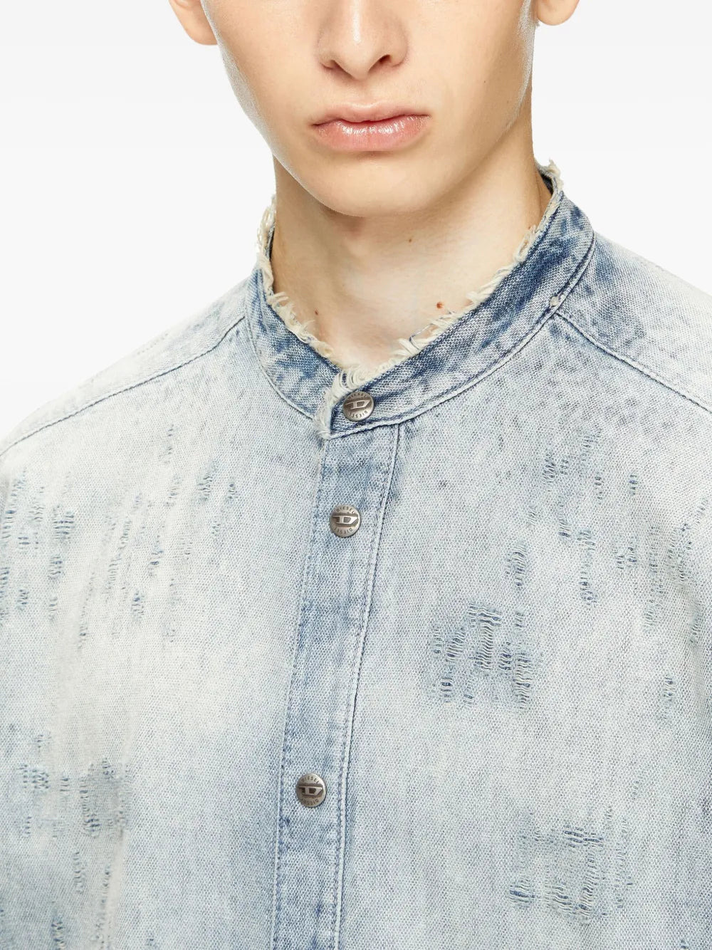 Denim Shirt With Mandarin Collar - 5