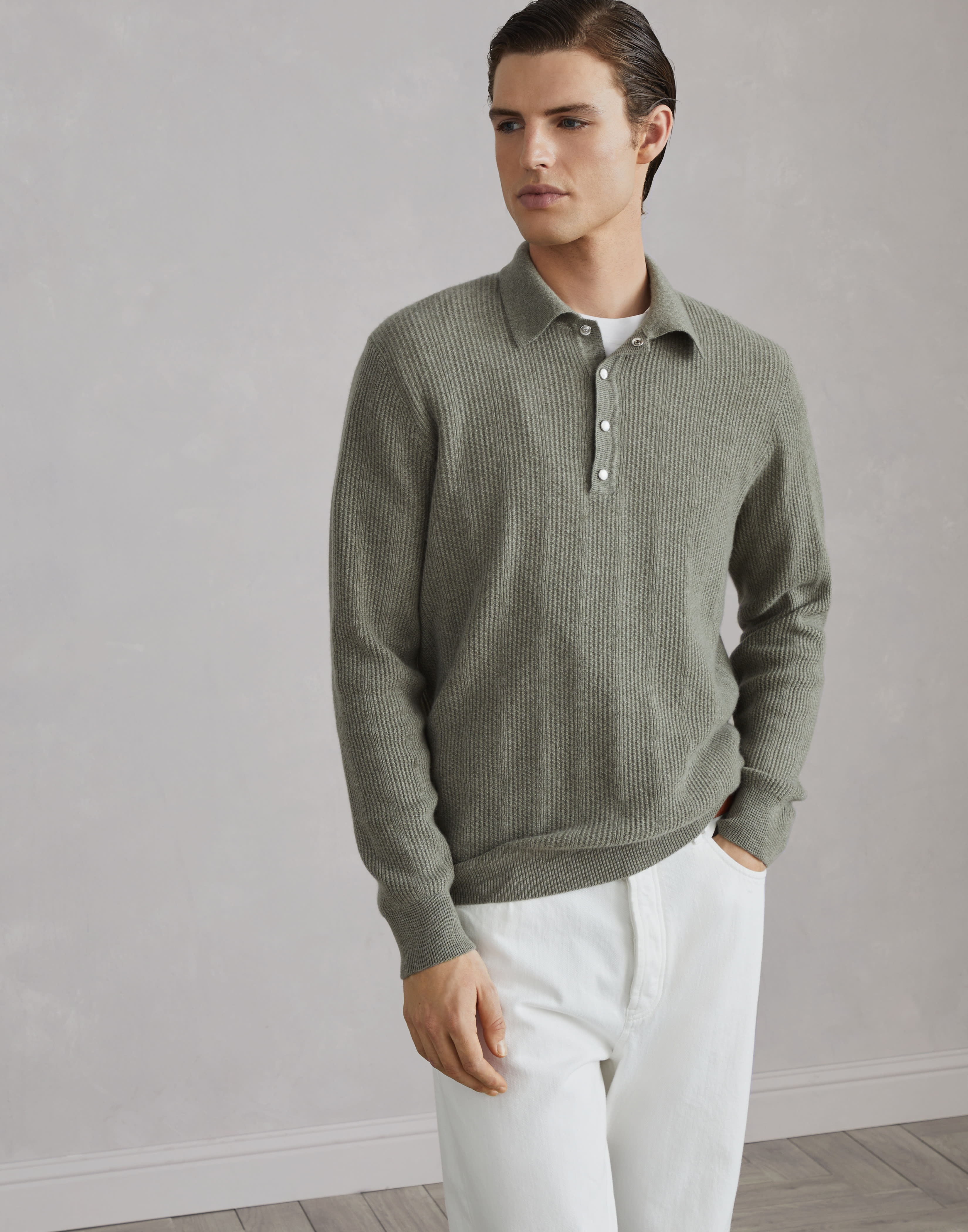 Cashmere textured rib knit polo with long sleeves - 1