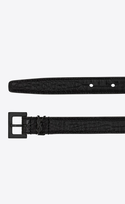 SAINT LAURENT monogram thin belt with square buckle in shiny crocodile-embossed leather outlook