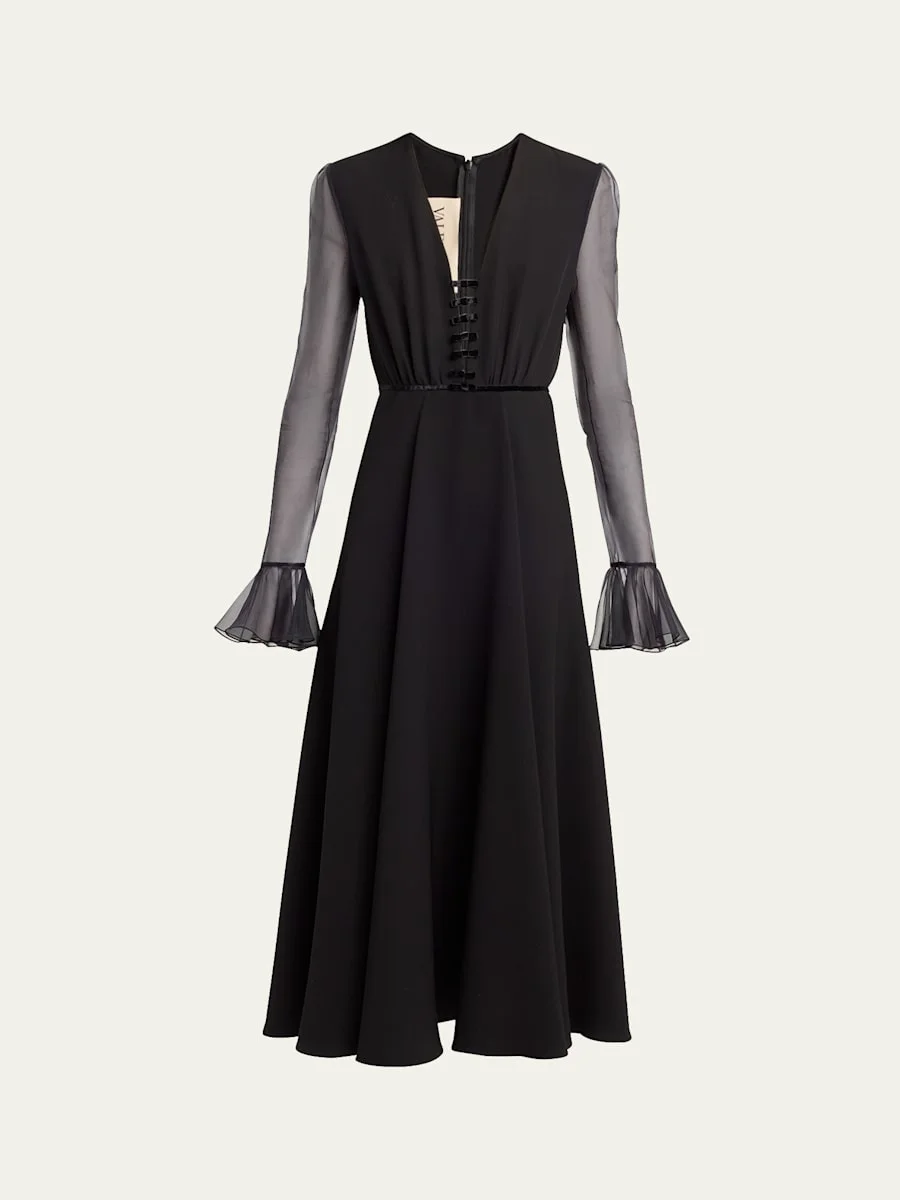 Bow-Embellished Illusion Silk Midi Dress - 1