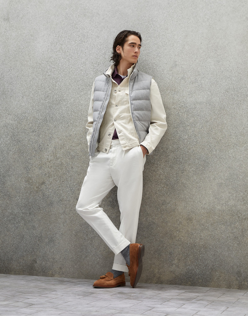 Wool, silk and cashmere bonded diagonal down vest with packable hood 5