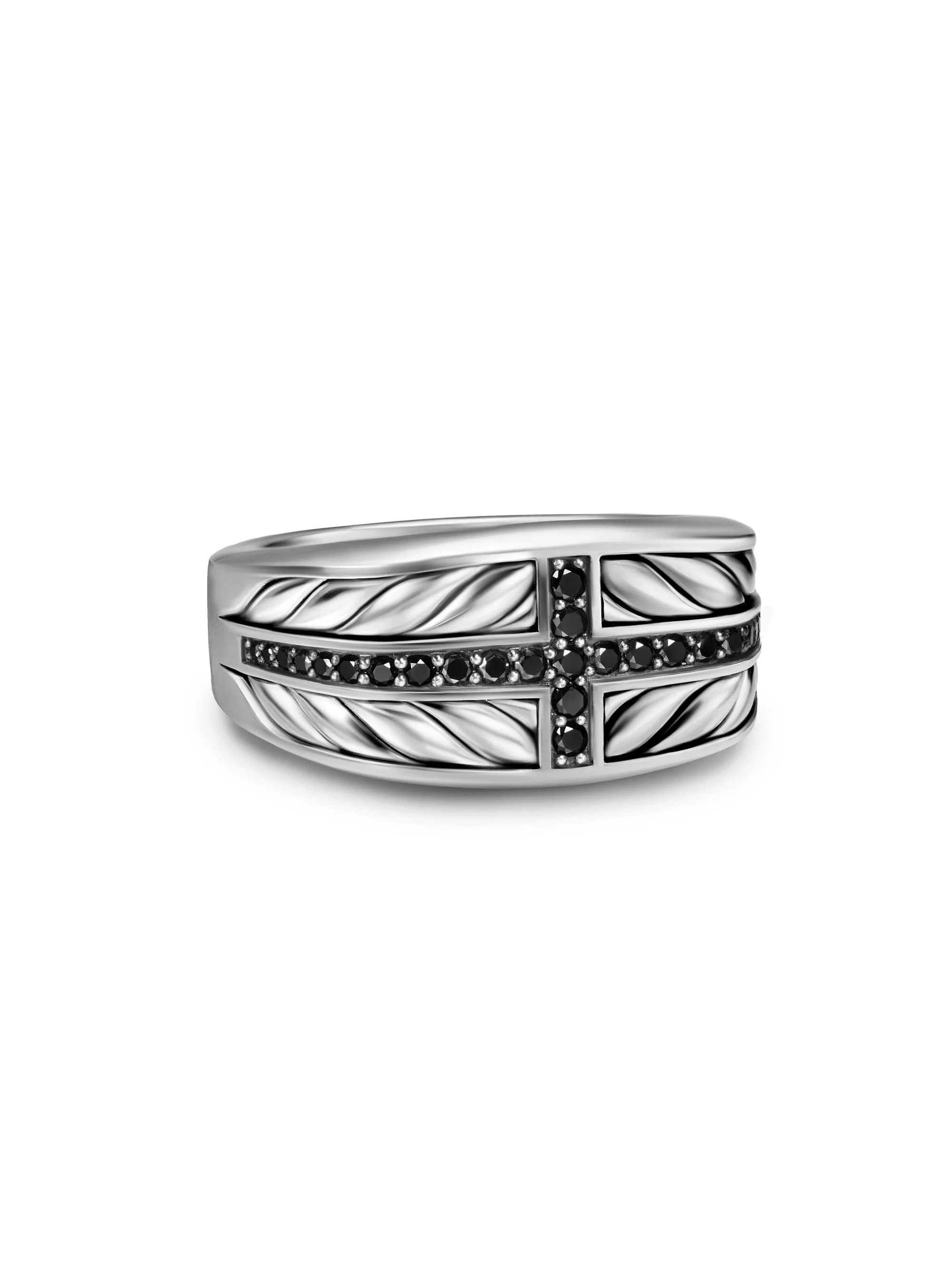 Men's Chevron Three Sided Signet Ring in Sterling Silver - Black Diamond - 1