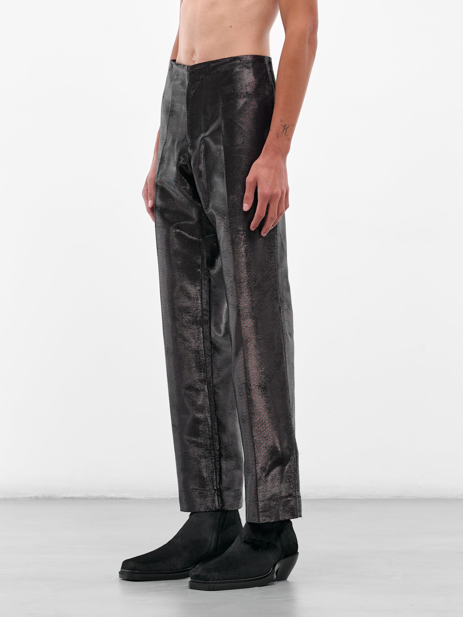 Black Distressed Jacquard Shine Trousers - 2