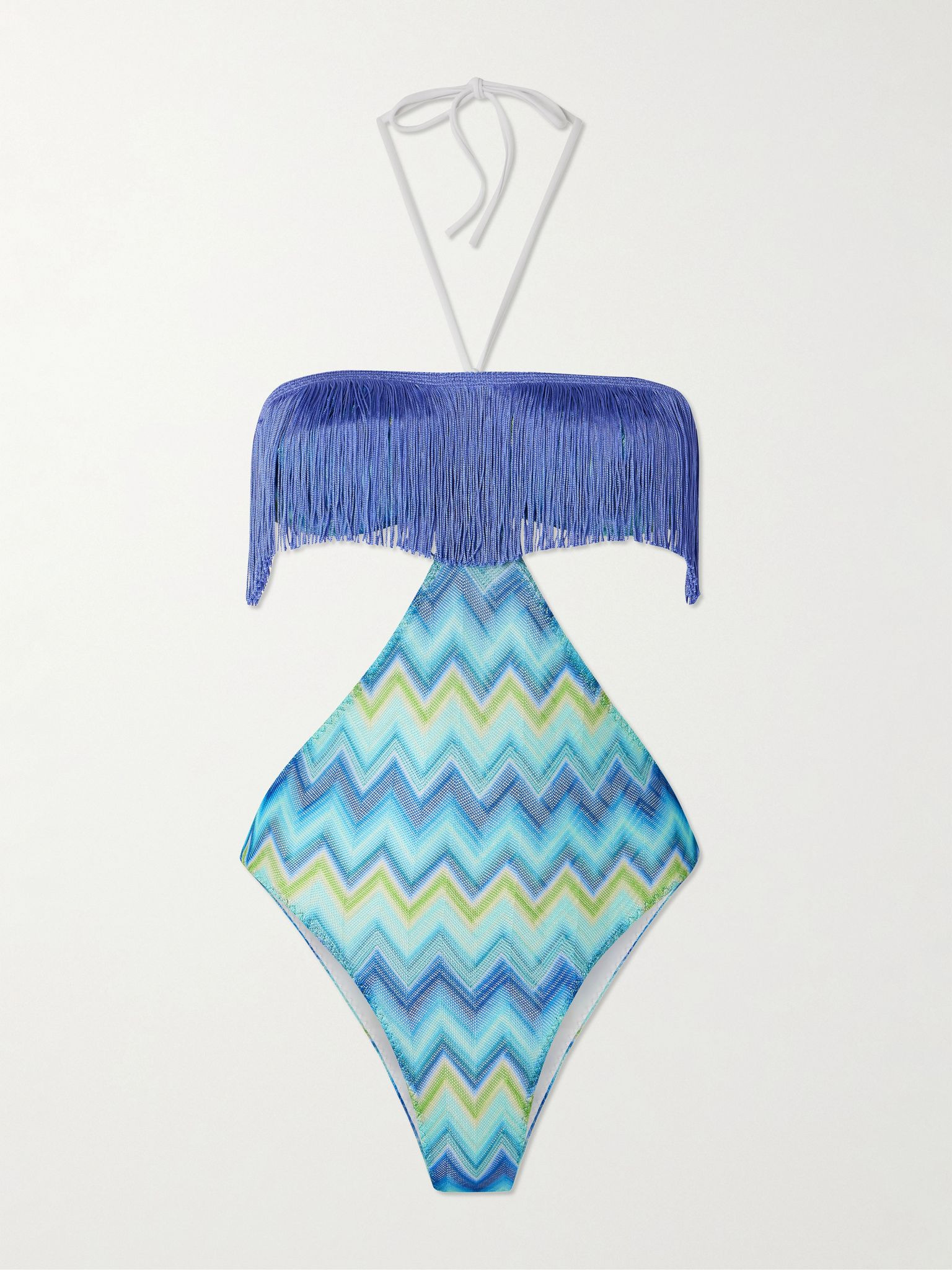 Mare cutout fringed striped crochet-knit swimsuit Turquoise - 1