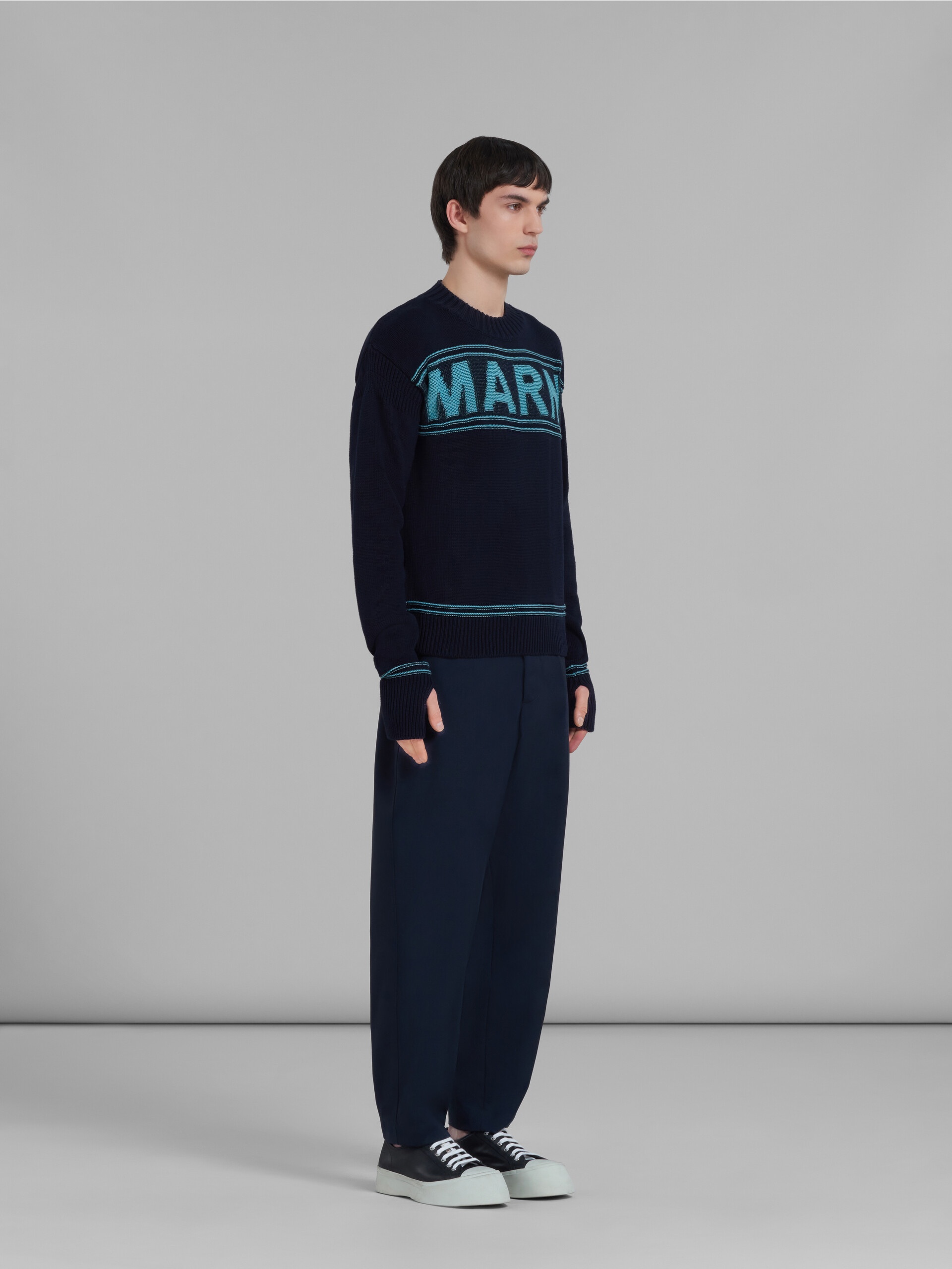 BLACK COTTON-KNIT SWEATER WITH INLAID LOGO - 5