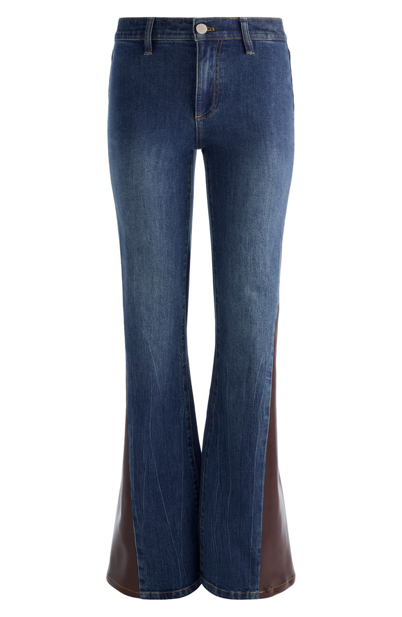 Faux Leather Godet High Waist Flare Jeans in Georgette Blue/dark Chocolate - 1