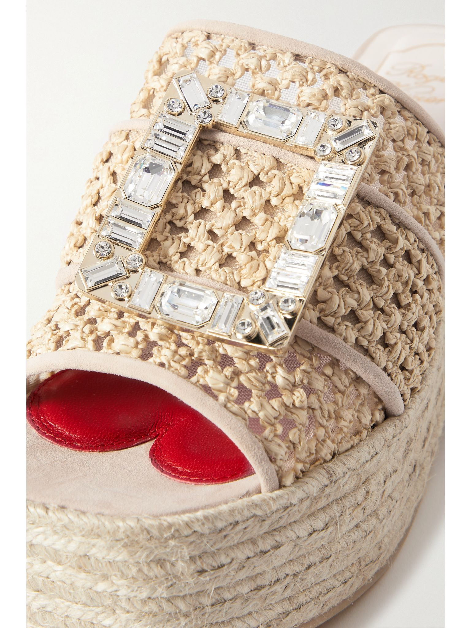Crystal-embellished suede-trimmed raffia platform mules Beige - 4