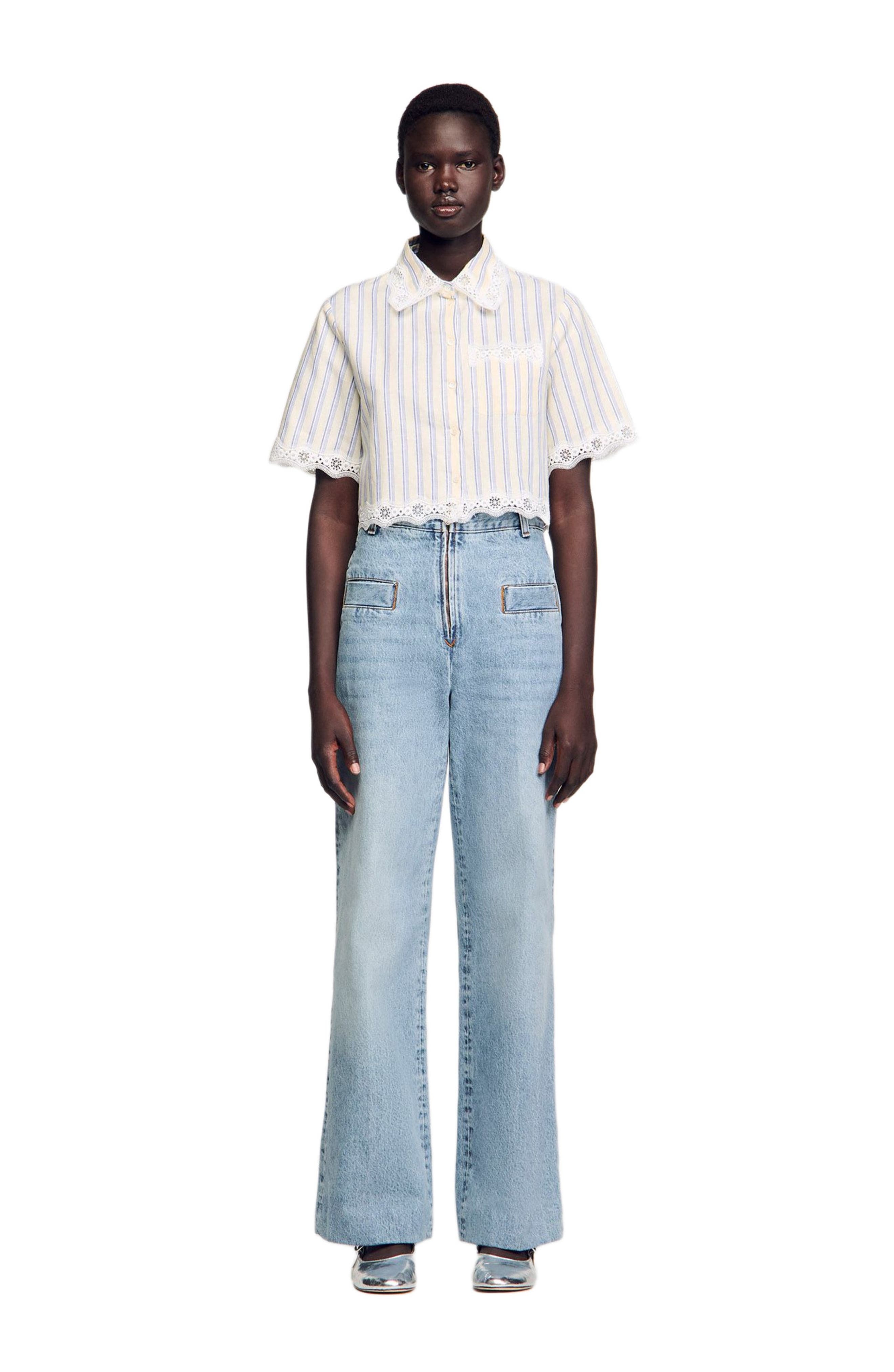 SANDRO Striped Cropped Shirt in Ecru /Jean at Nordstrom - 2