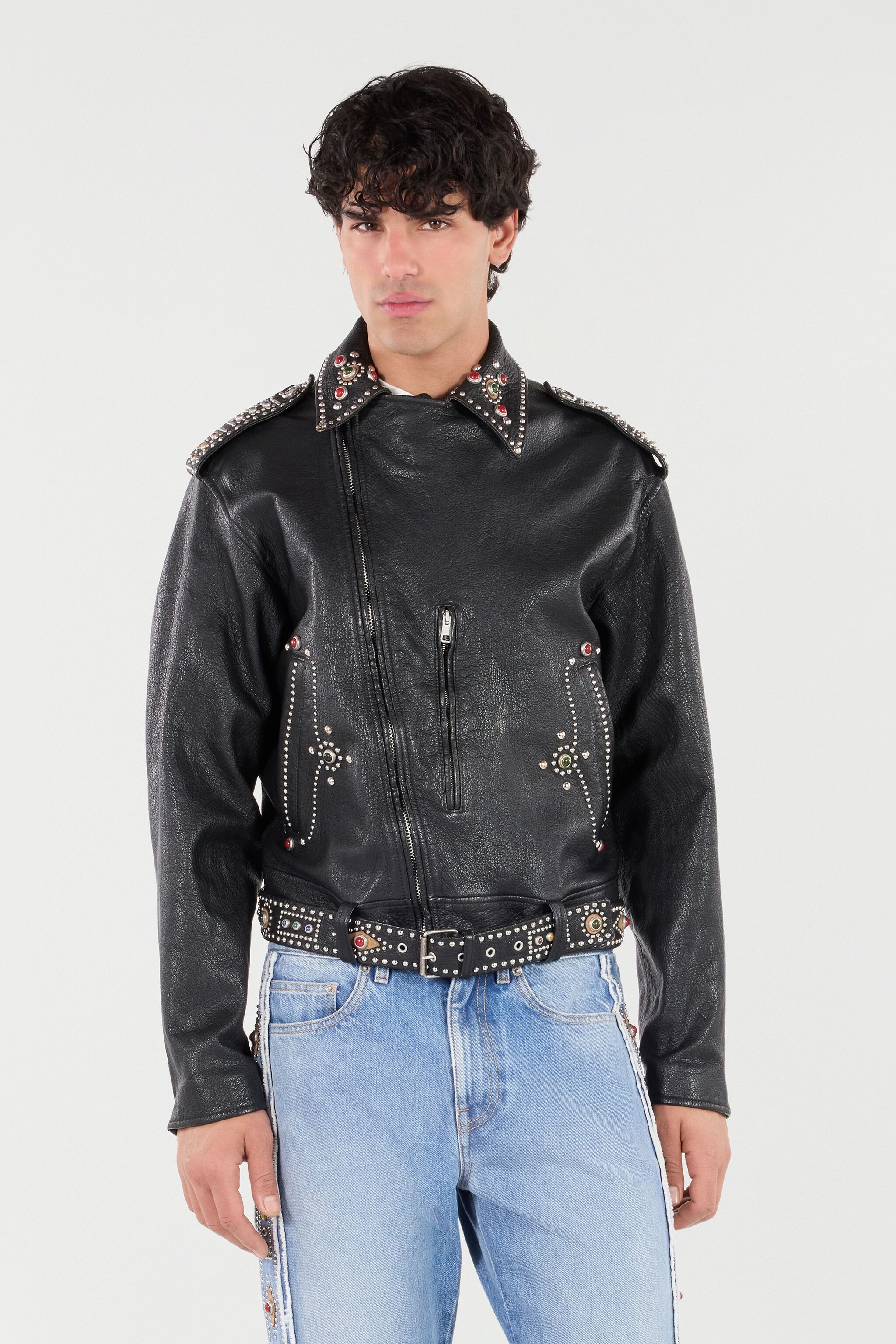 Leather Biker Jacket with Studs and Stones - 3