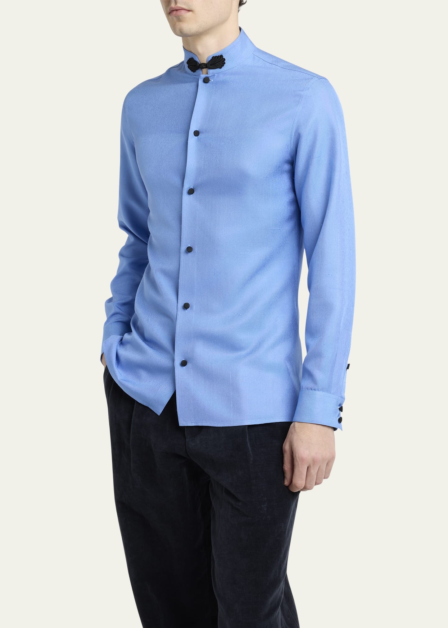 Men's Silk Shantung Toggle Band-Collar Sport Shirt - 3