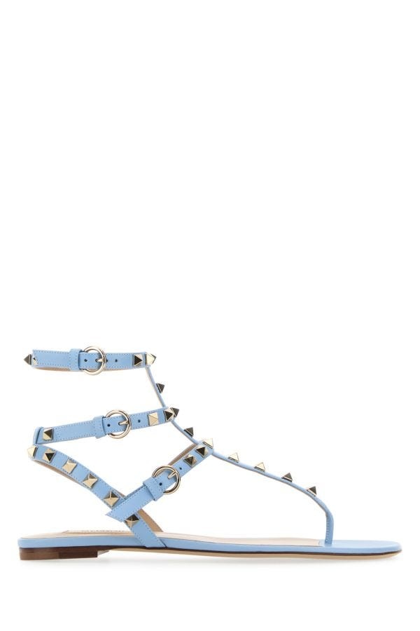 Valentino Garavani Woman Light Blue Leather Rockstud Thong Sandals - 1