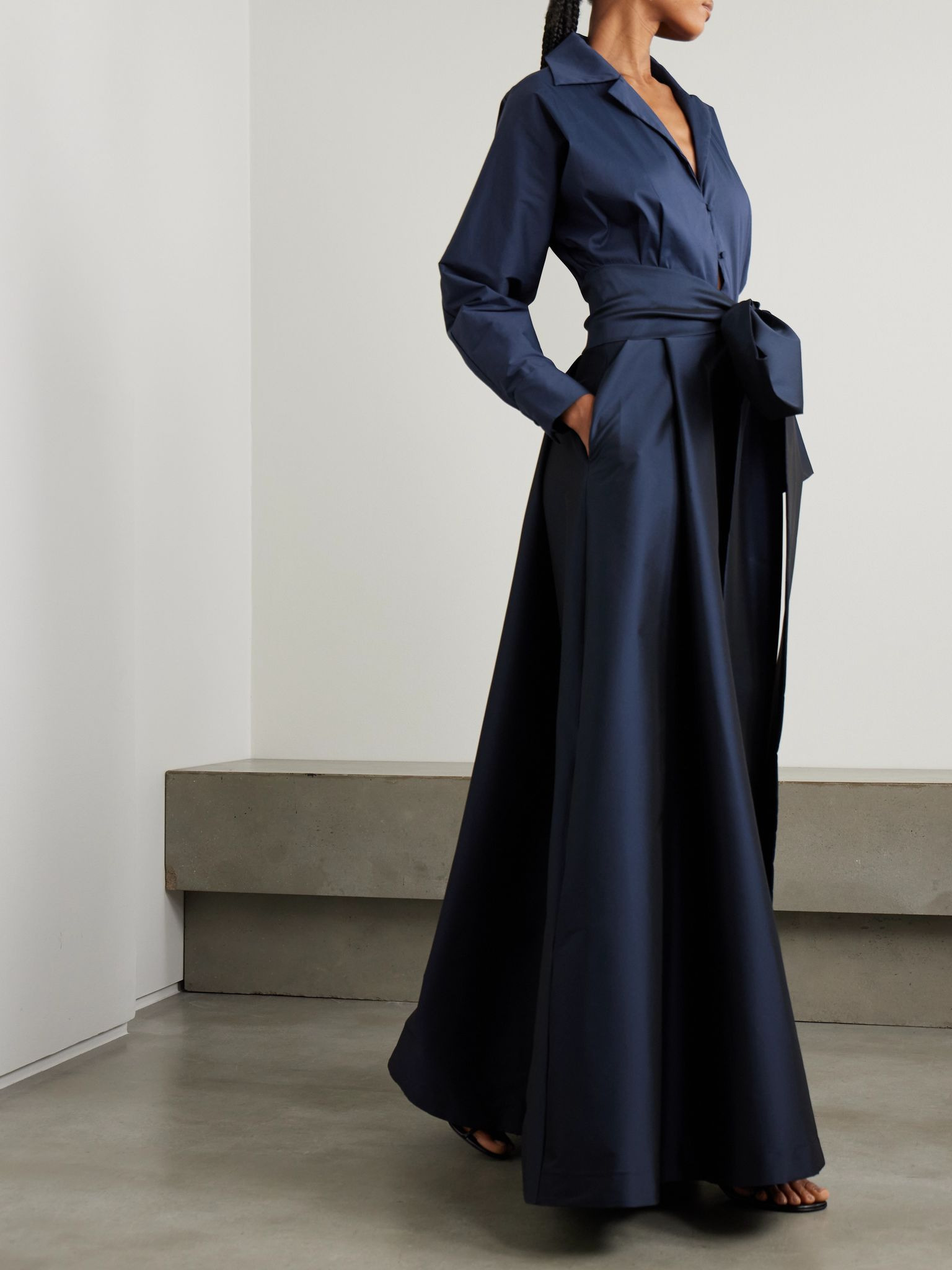 Beatrice belted taffeta maxi shirt dress Navy - 2