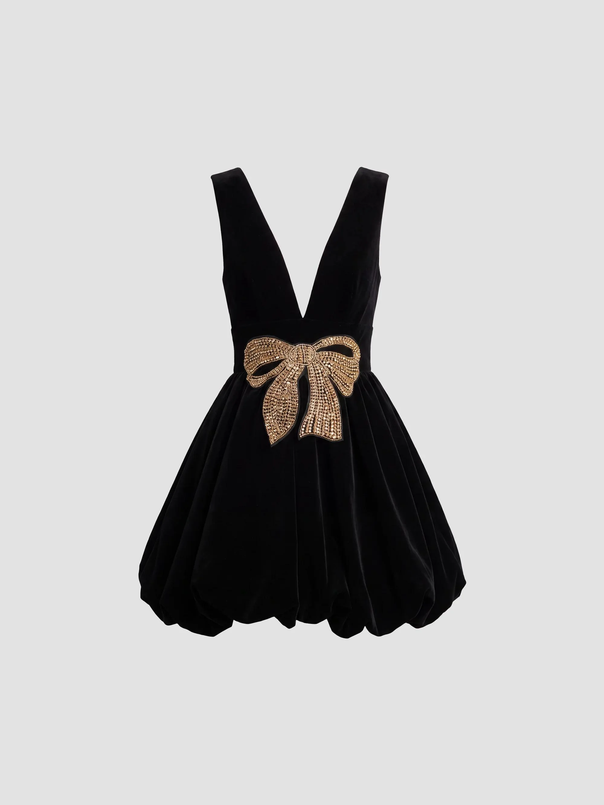 Women's Bubble-Hem Velvet Bow Mini Dress - Black - 1