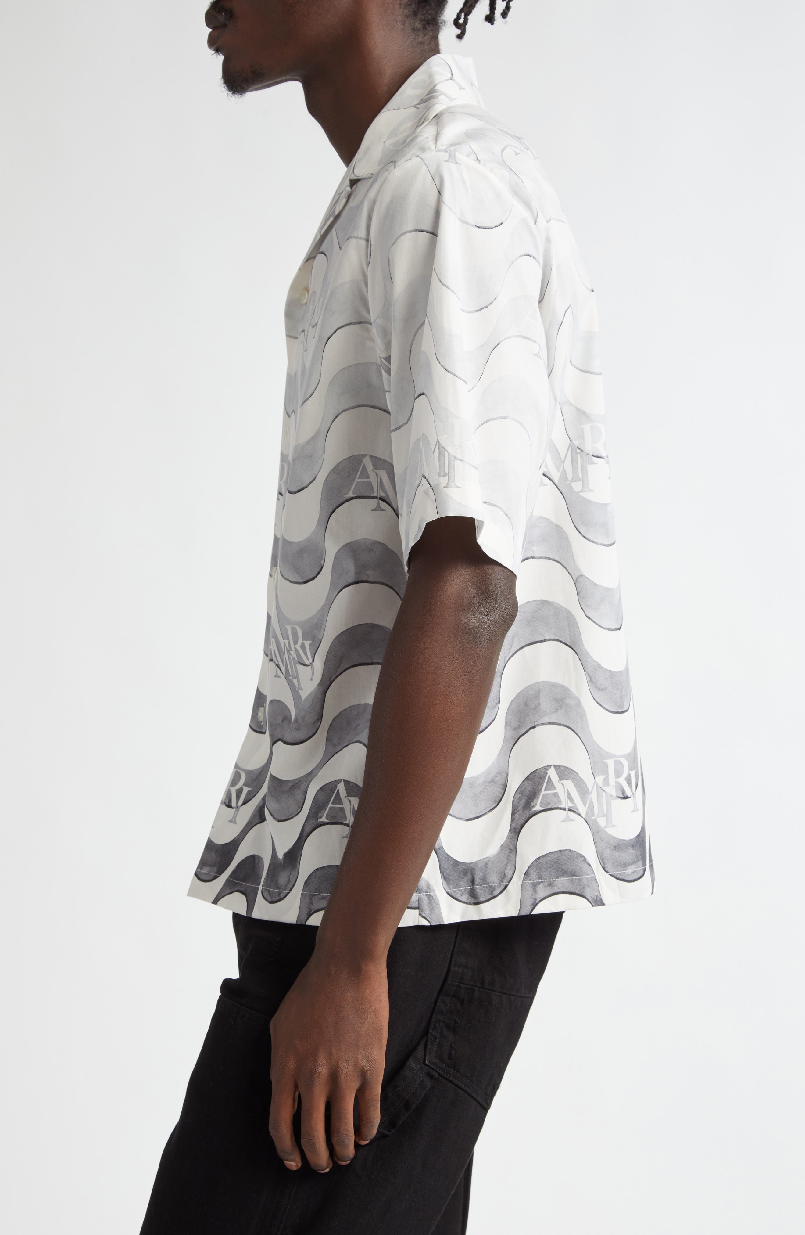 AMIRI Staggered Logo Wave Cotton Camp Shirt in Grey at Nordstrom - 4