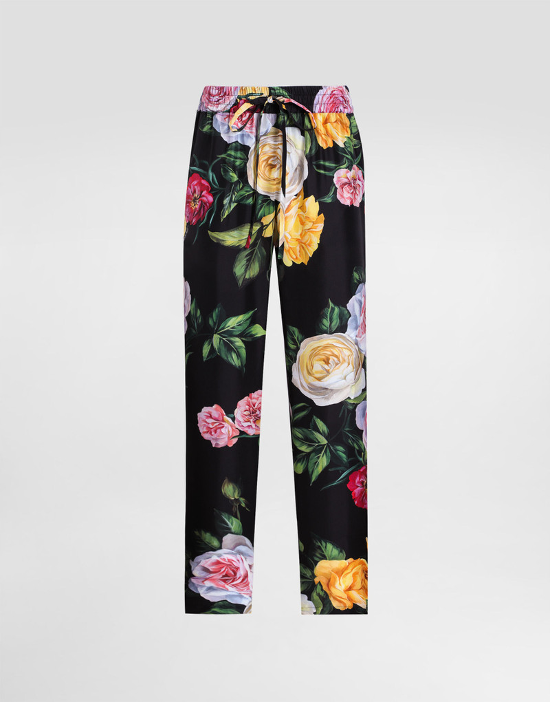 Silk pajama pants with elasticated waist and peony and rose print - 1