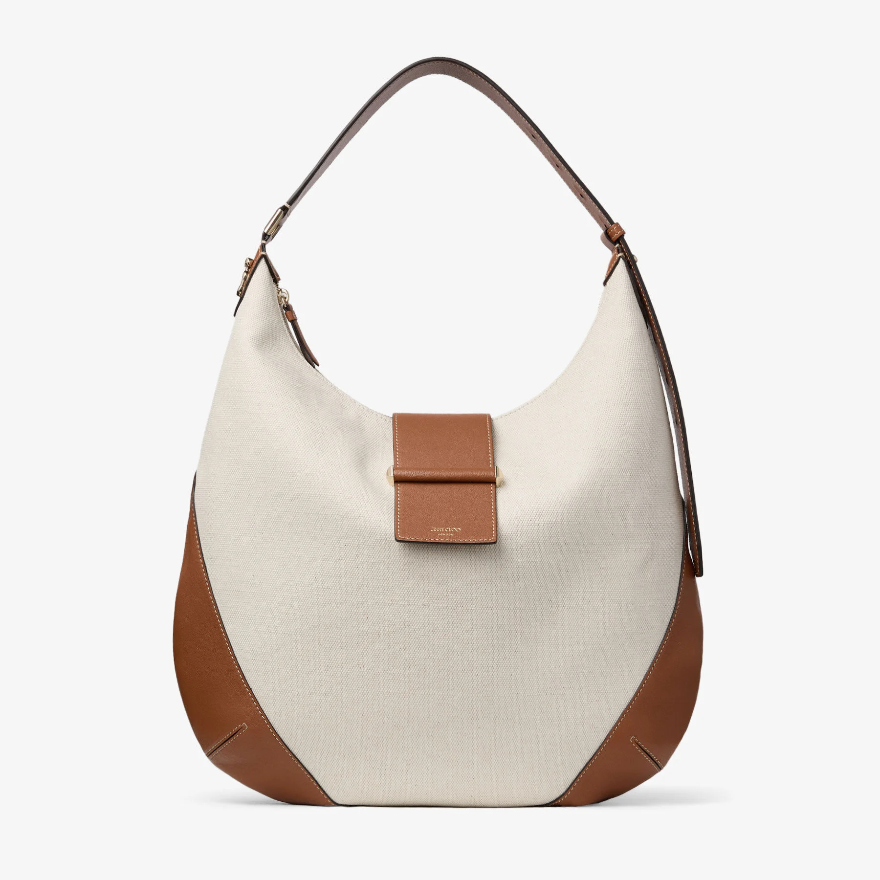 Bar Hobo Medium Natural and Tan Recycled Canvas Shoulder Bag with Biker Leather Trim - 1