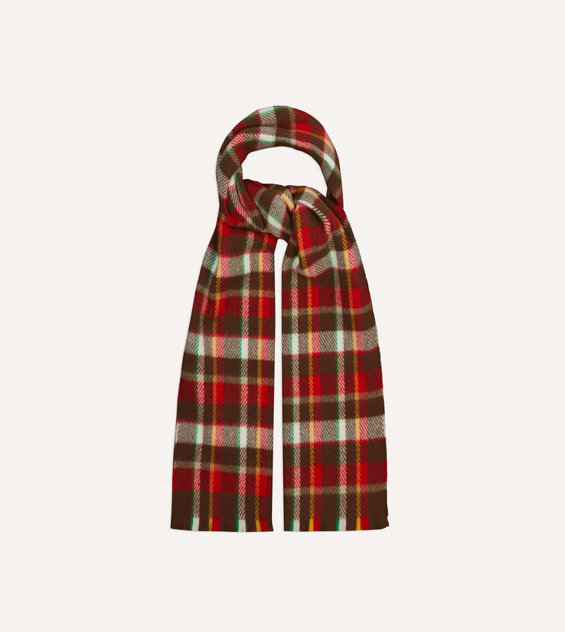 Red, Brown and Ecru Tartan Check Wool Scarf 4
