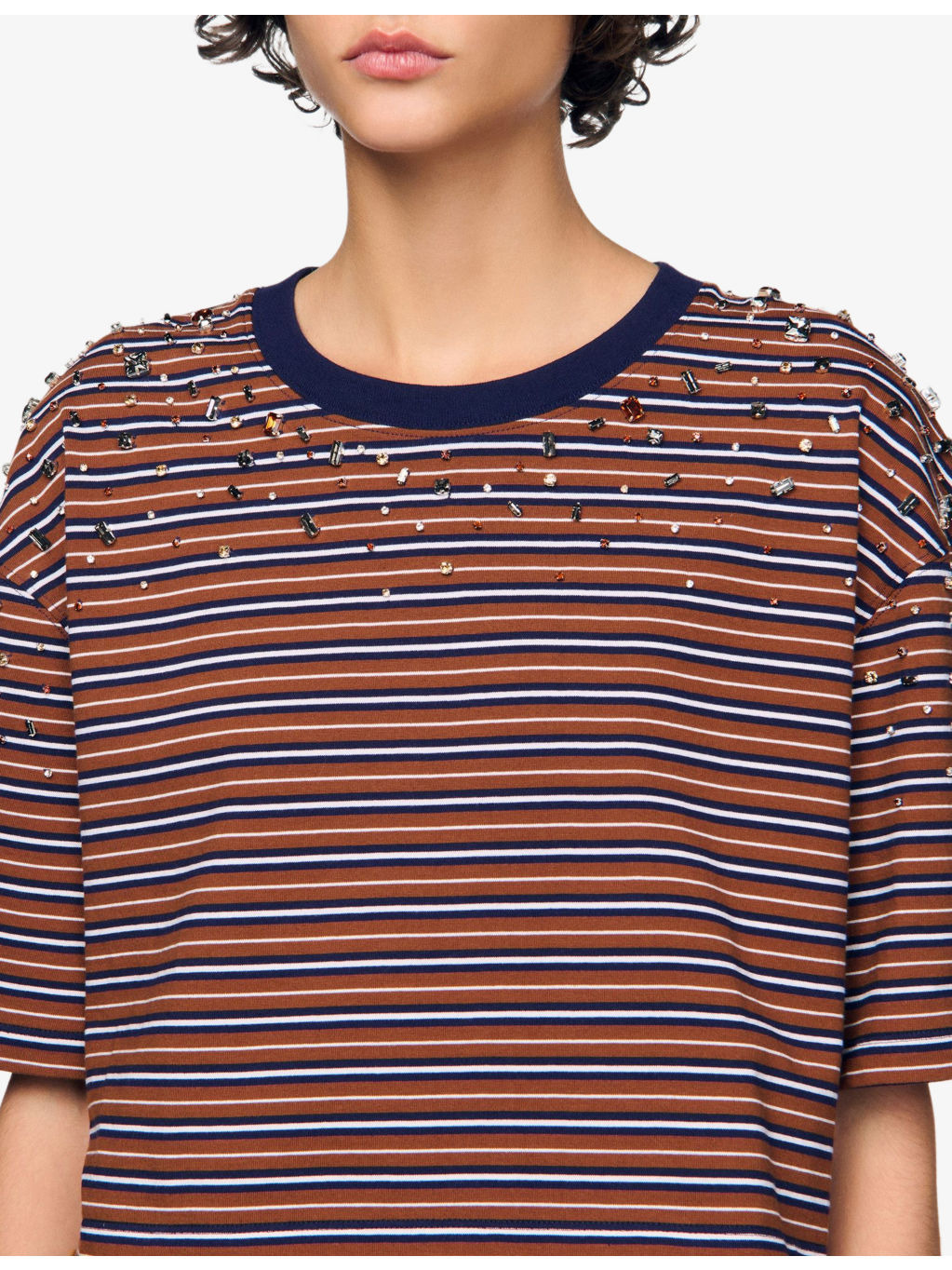 Rhinestone-Embellished Striped Boxy Cotton T-Shirt - 5