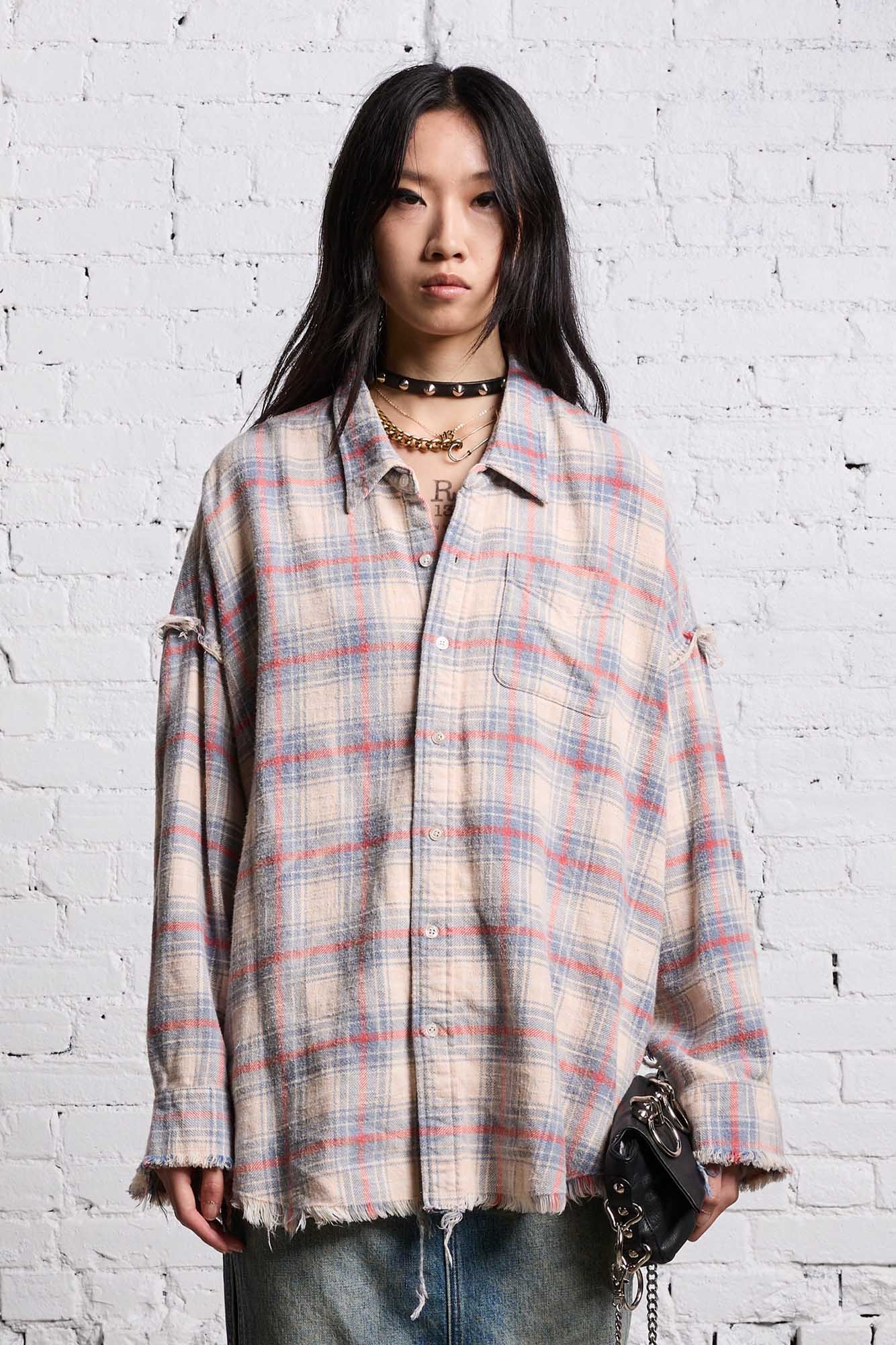 SHREDDED SEAM DROP NECK - BLEACHED ECRU PLAID - 4