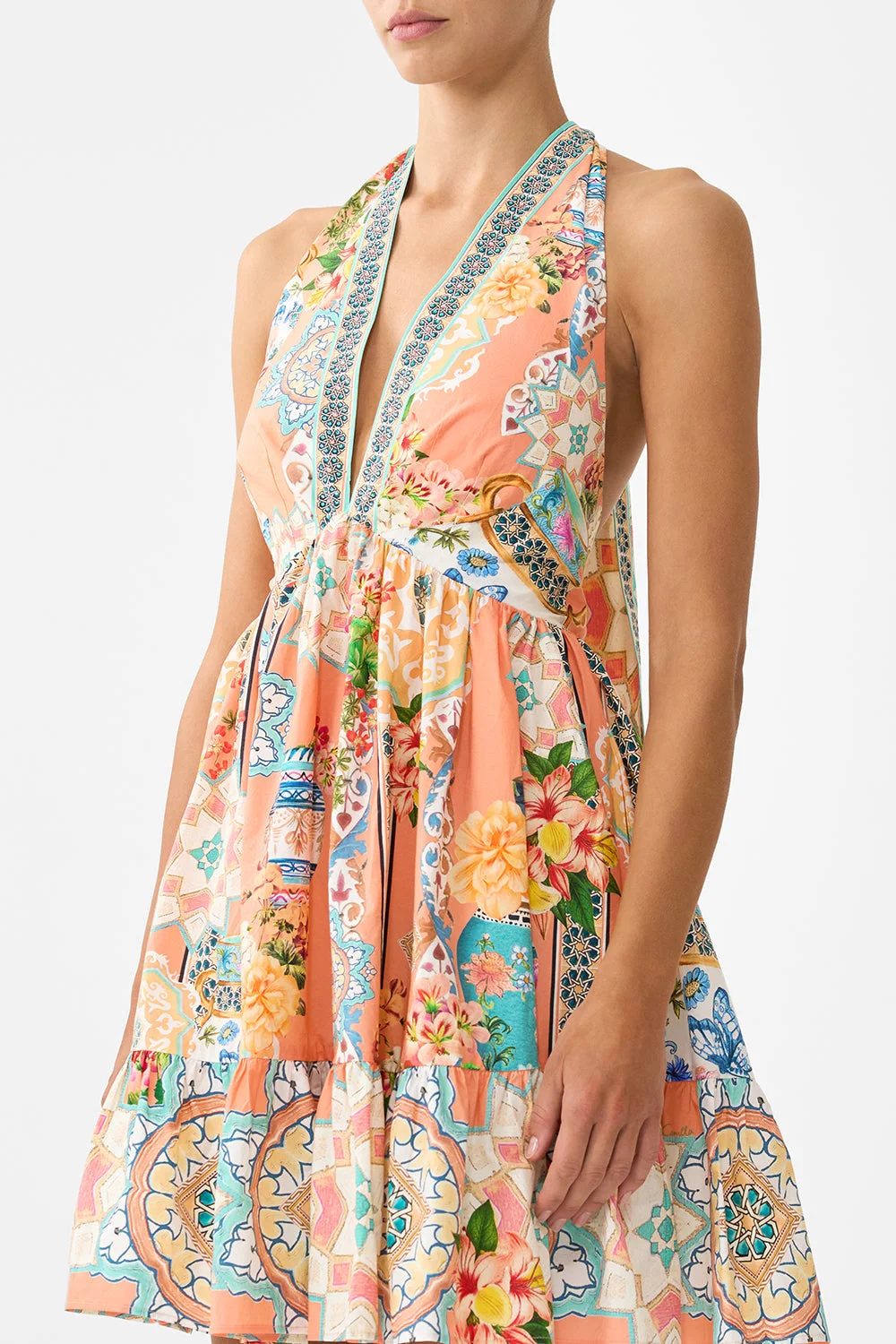 camilla ruffle hem halter dress Camilla Ruffle Hem Halter Dress - Botanical Utopia - 11% Off
