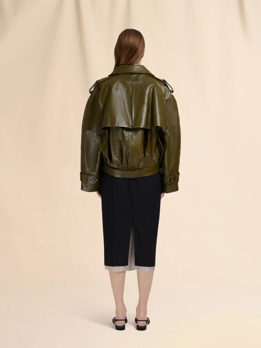 DEEP GREEN LEATHER SHORT TRENCH COAT - 3