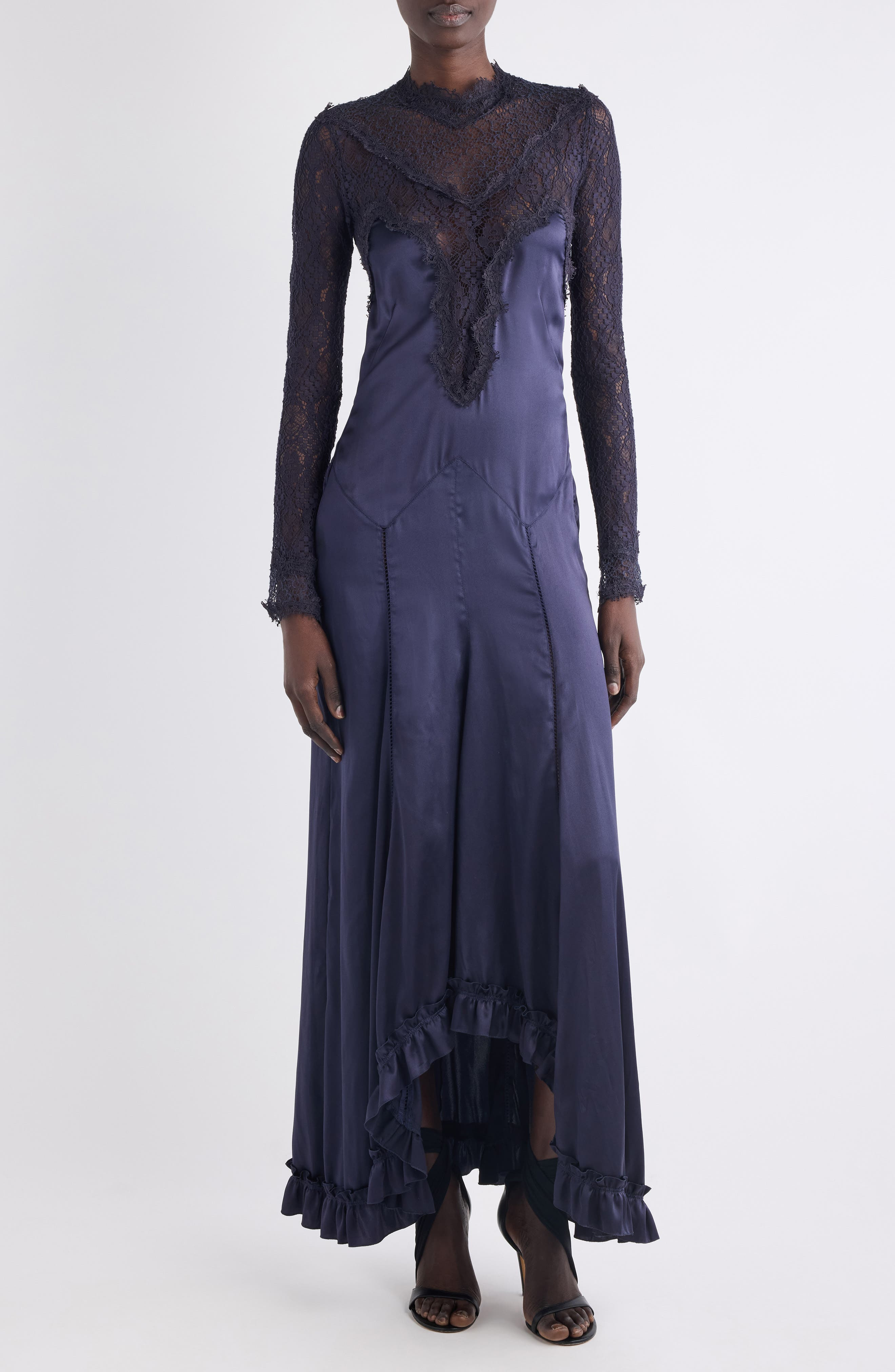 Isabel Marant Dolores Long Sleeve Lace & Silk Satin Dress in Black Midnight at Nordstrom - 1